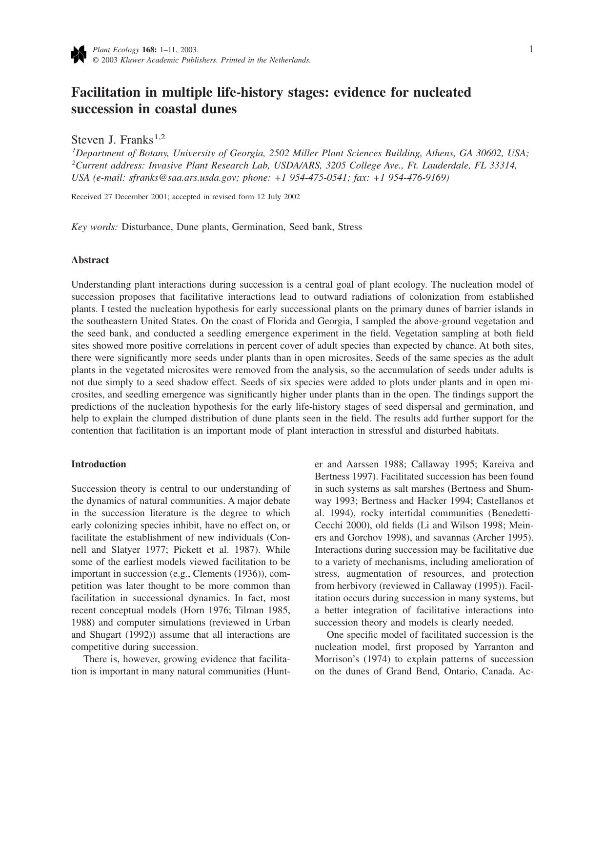 Facilitation in multiple life-history stages: evidence for nucleated succession in coastal dunes by Unknown