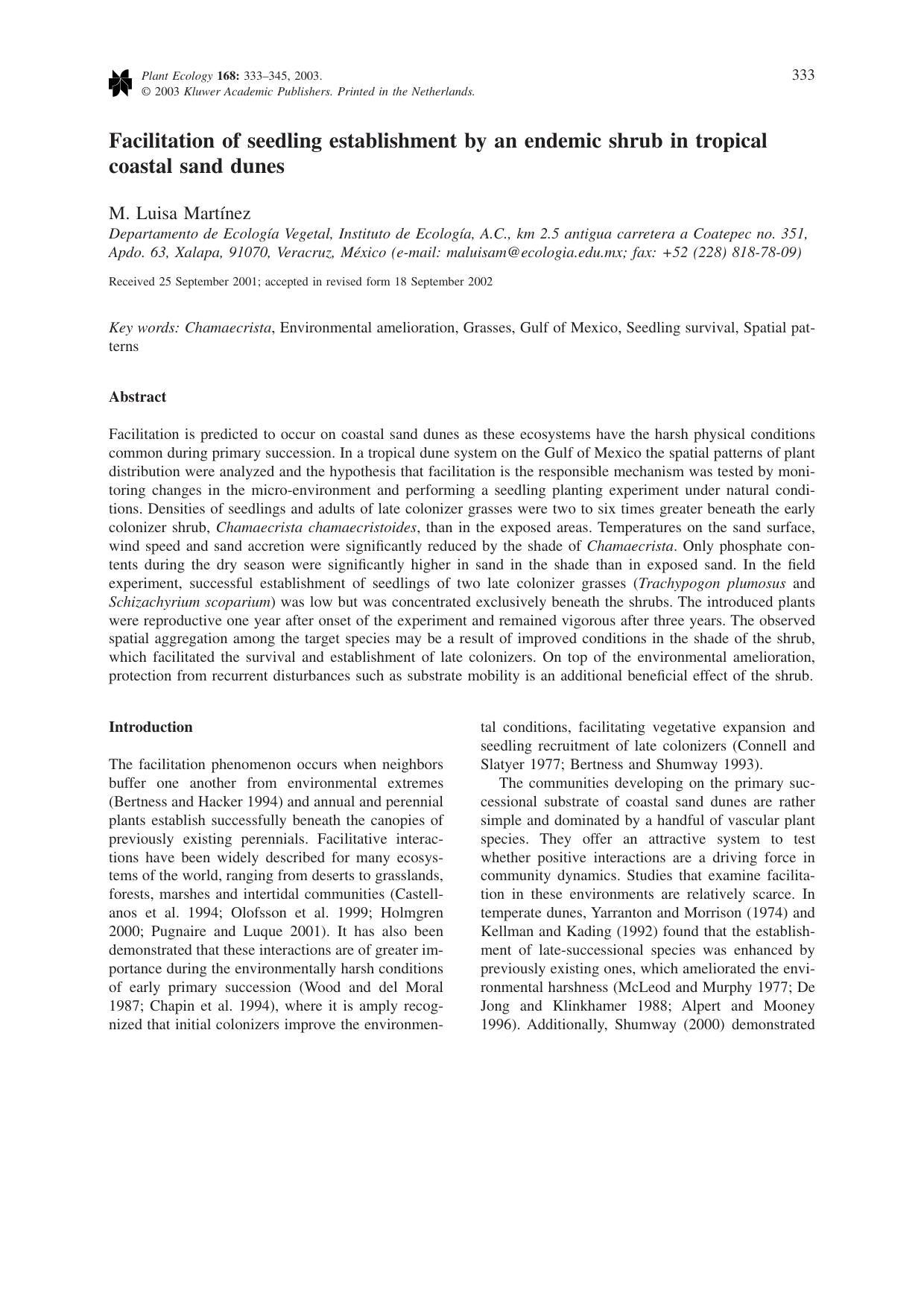 Facilitation of seedling establishment by an endemic shrub in tropical coastal sand dunes by Unknown