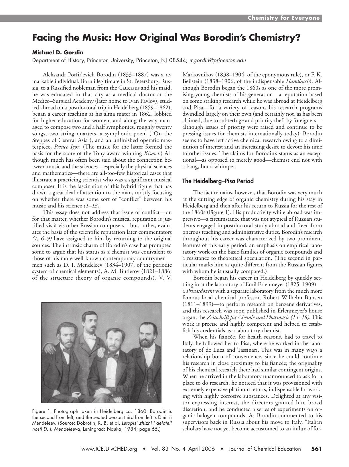 Facing the Music: How Original Was Borodin's Chemistry? by Michael D. Gordin