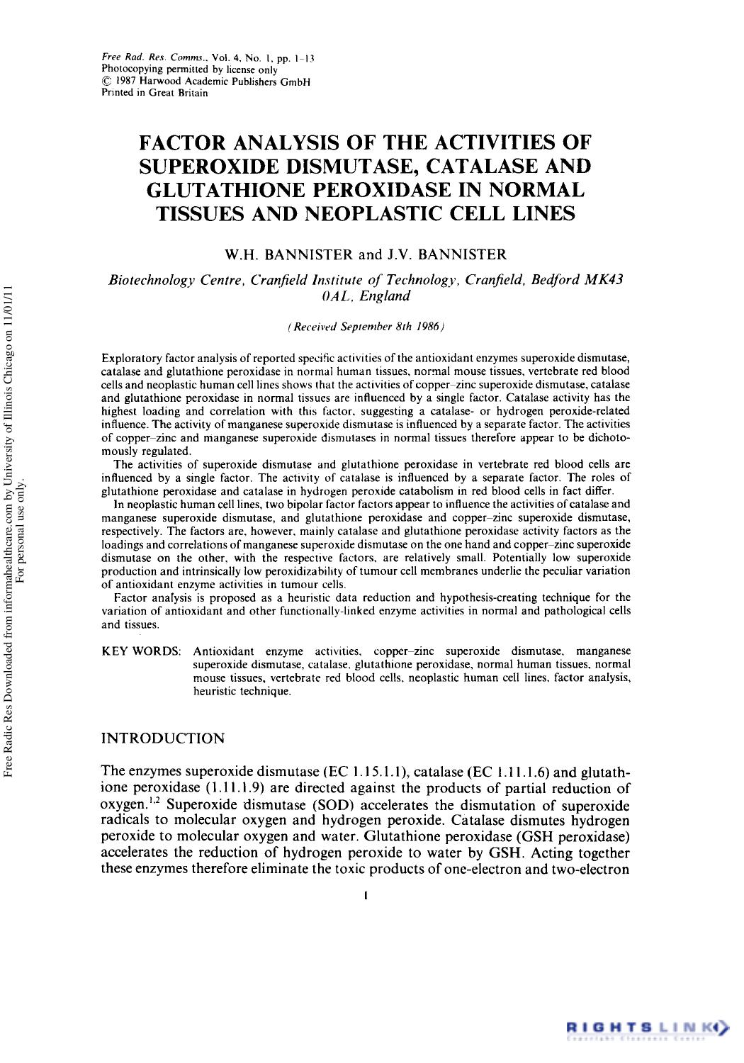 Factor Analysis of the Activities of Superoxide Dismutase, Catalase and Glutathione Peroxidase in Normal Tissues and Neoplastic Cell Lines by W. H. Bannister1 & J. V. Bannister1