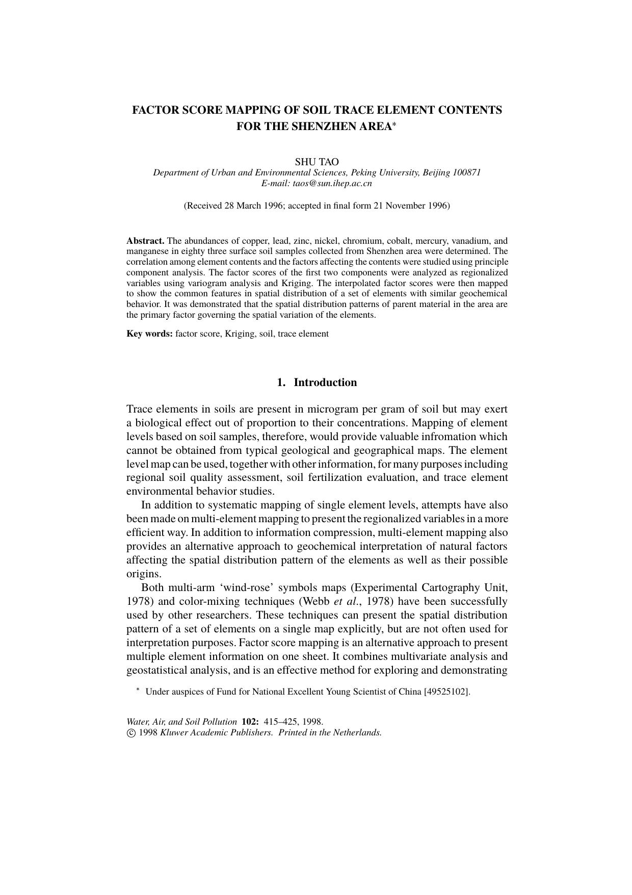 Factor Score Mapping of Soil Trace Element Contents for the Shenzhen Area by Unknown