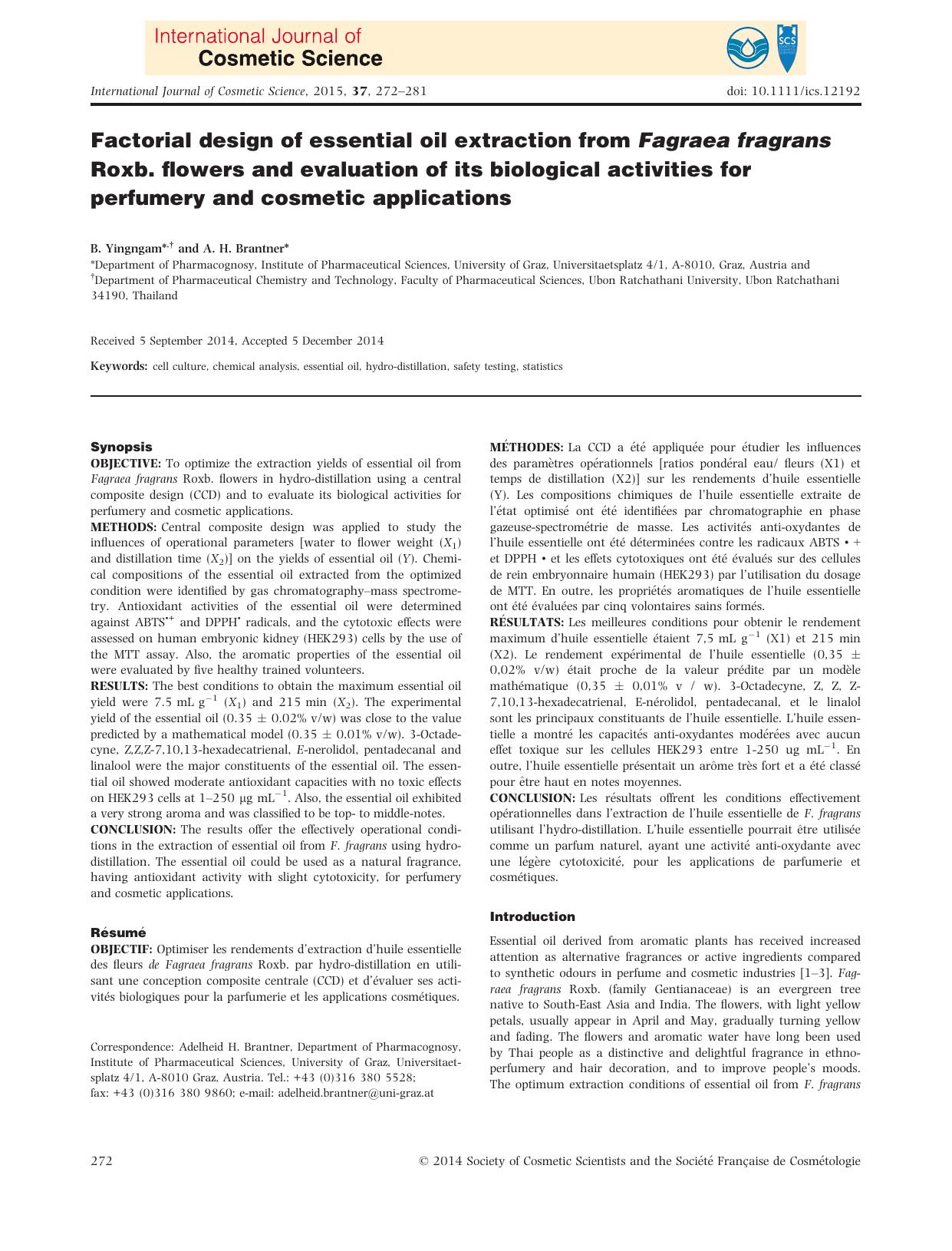 Factorial design of essential oil extraction from Fagraea fragrans Roxb. flowers and evaluation of its biological activities for perfumery and cosmetic applications by Unknown