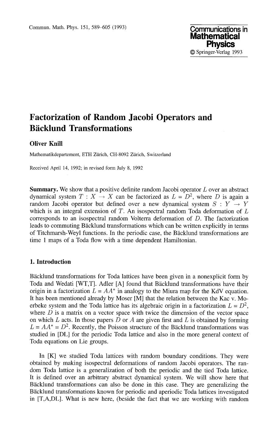 Factorization fo random Jacobi operators and Bäcklund transformations by Unknown
