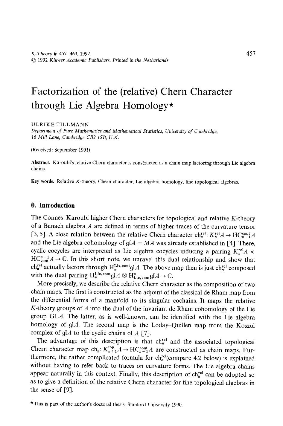 Factorization of the (relative) Chern character through Lie algebra homology by Unknown