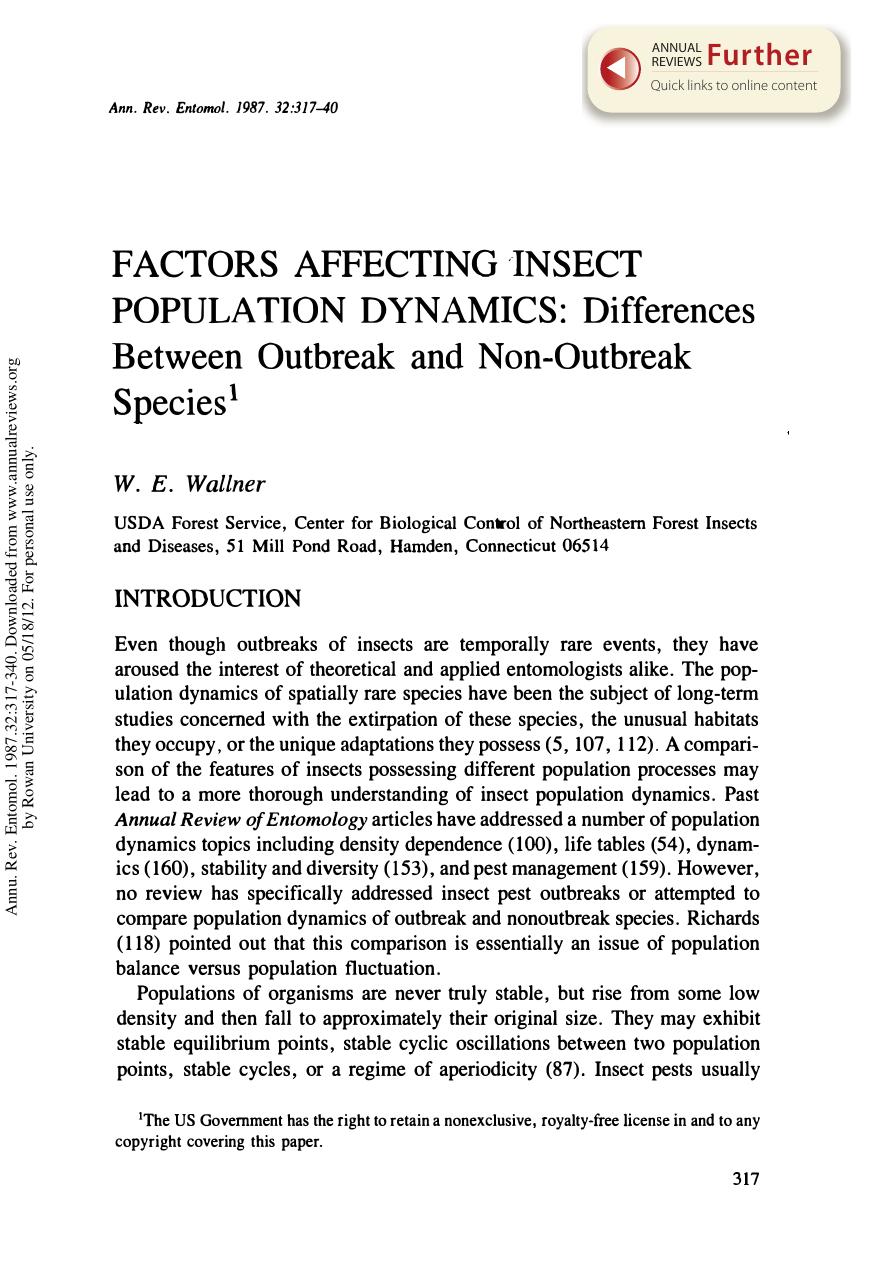 Factors Affecting Insect Population Dynamics: Differences Between Outbreak and Non-Outbreak Species by W E Wallner