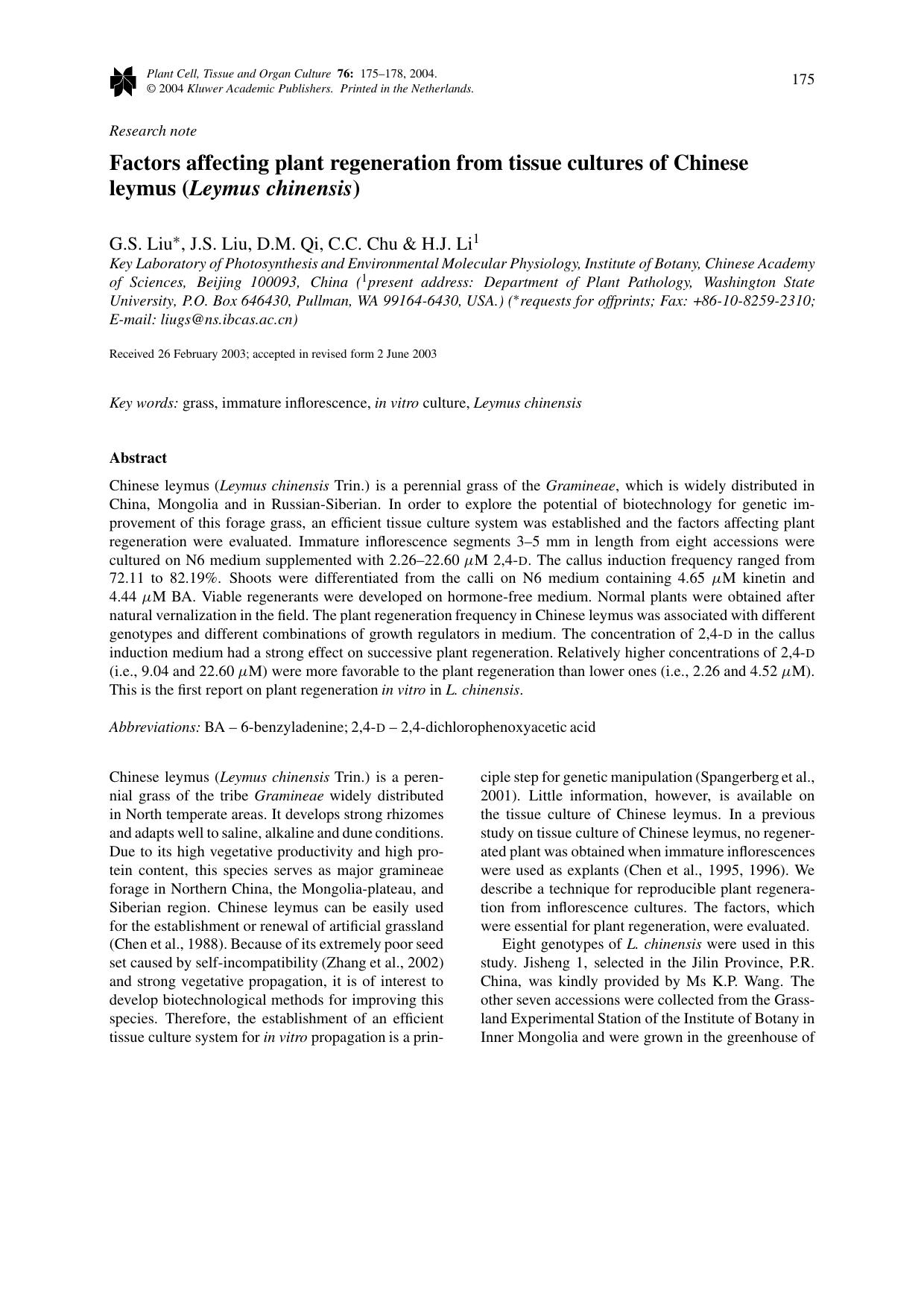 Factors Affecting Plant Regeneration from Tissue Cultures of Chinese Leymus (<Emphasis Type="Italic">Leymus chinensis<Emphasis>) by Unknown