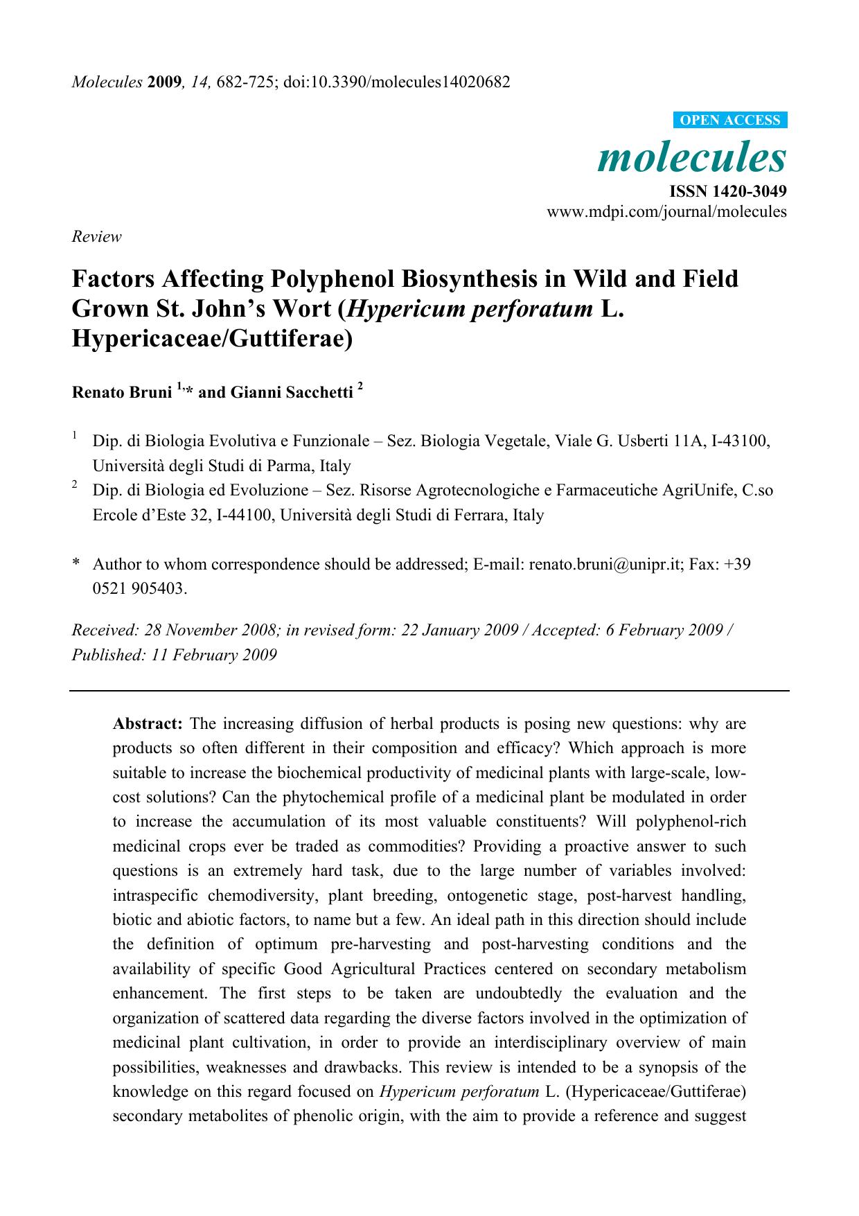 Factors Affecting Polyphenol Biosynthesis in Wild and Field Grown St. Johnâs Wort (Hypericum perforatum L. HypericaceaeGuttiferae) by Renato Bruni & Gianni Sacchetti