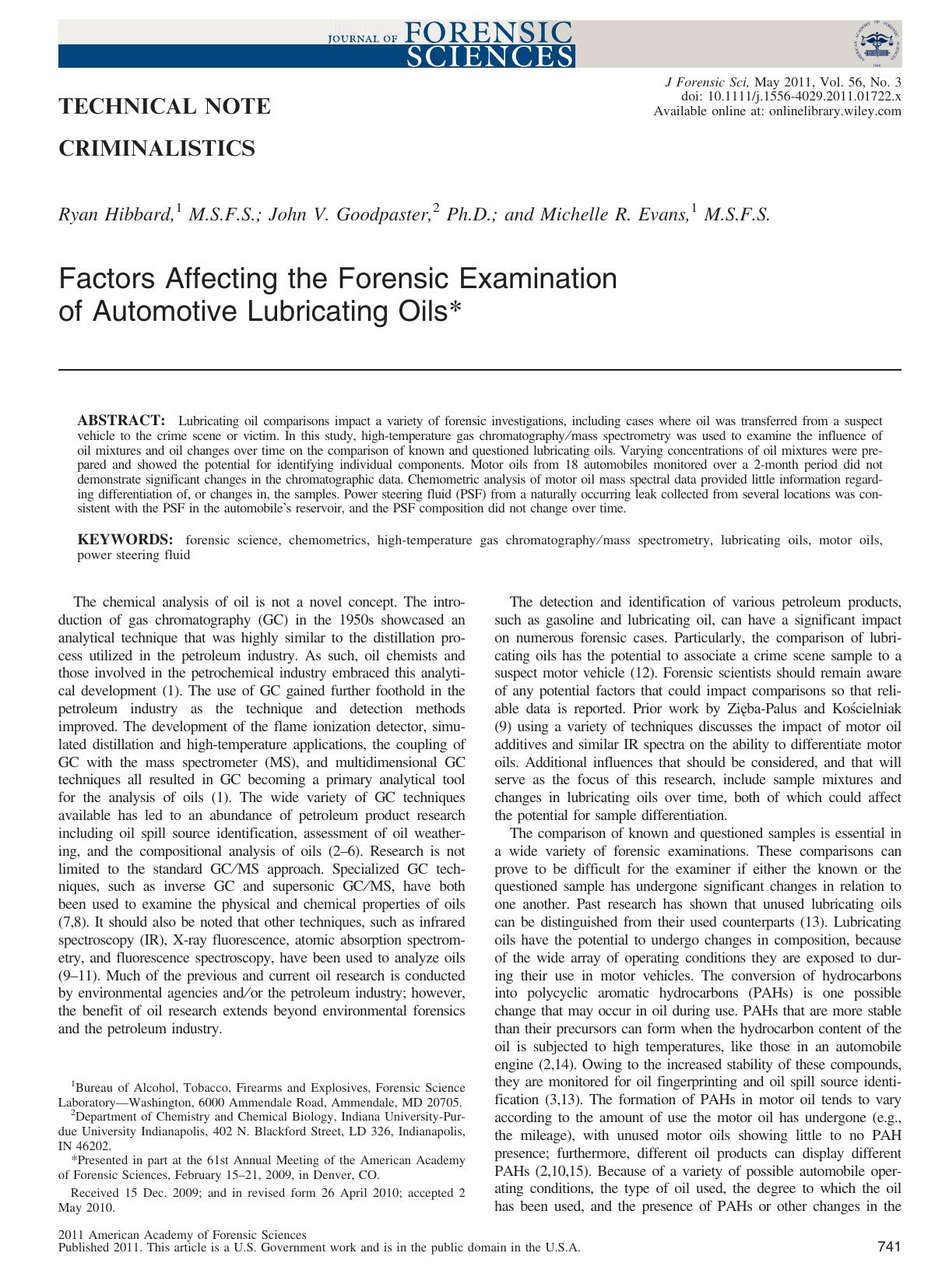 Factors Affecting the Forensic Examination of Automotive Lubricating Oils by Unknown