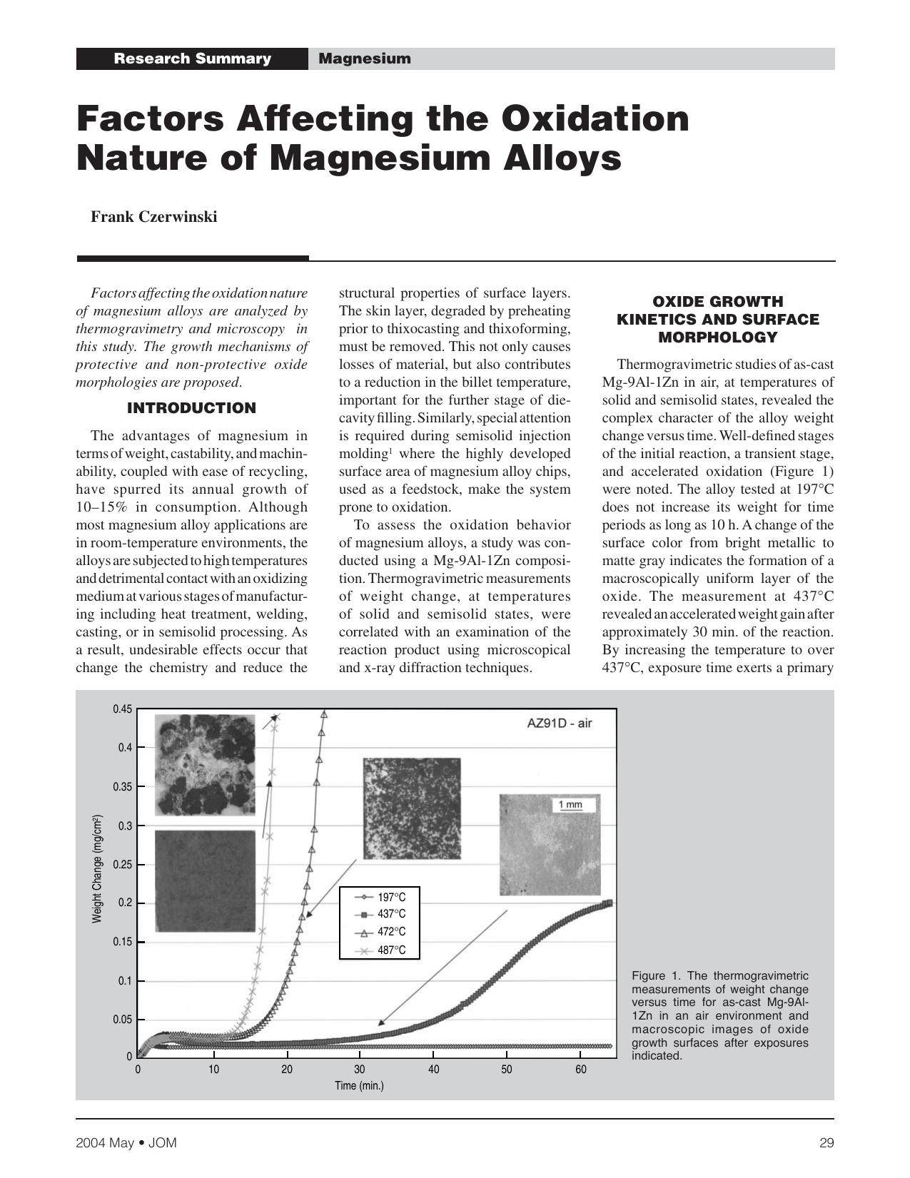 Factors Affecting the Oxidation Nature of Magnesium Alloys by Frank Czerwinski