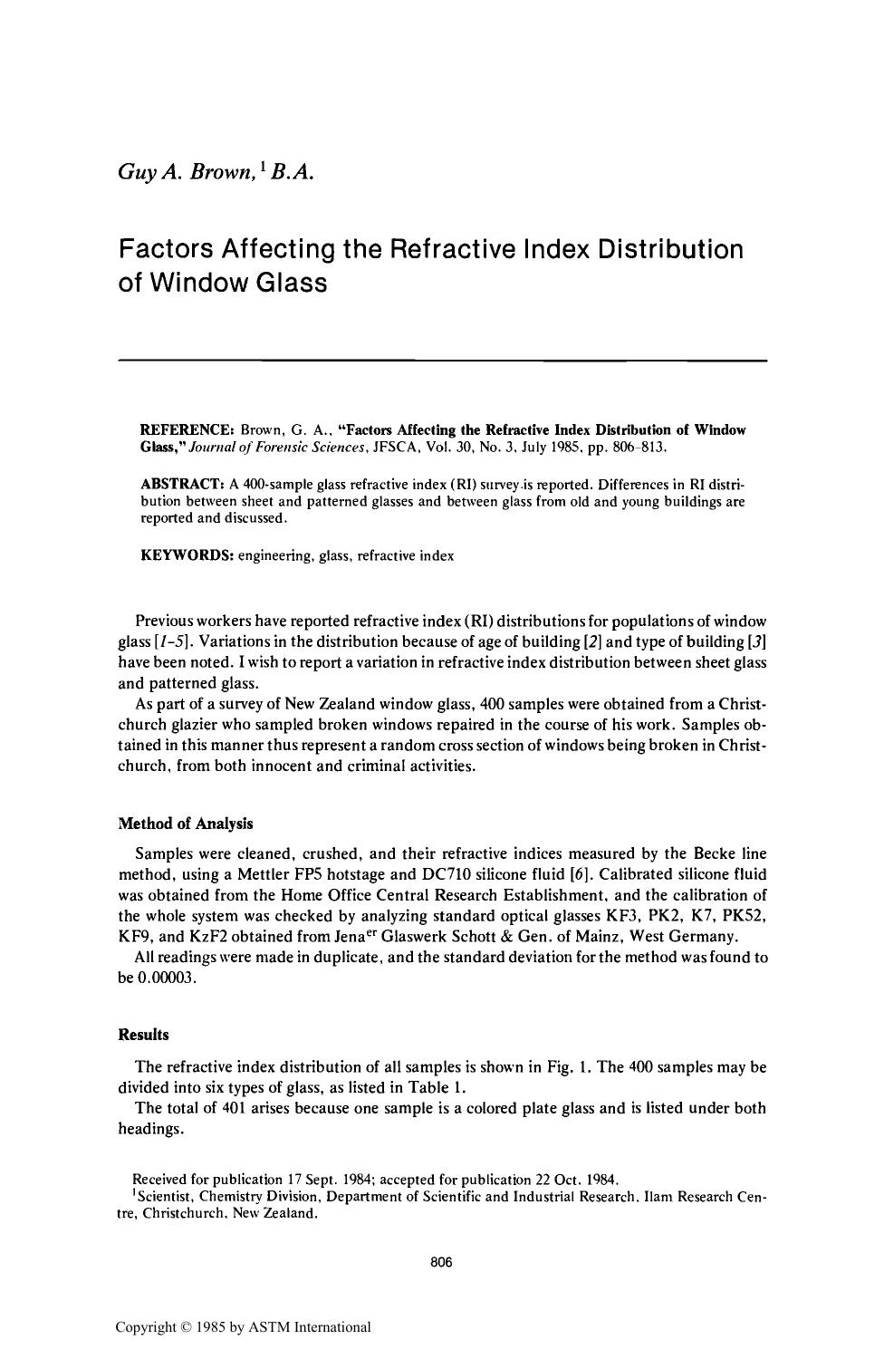 Factors Affecting the Refractive Index Distribution of Window Glass by Brown GA