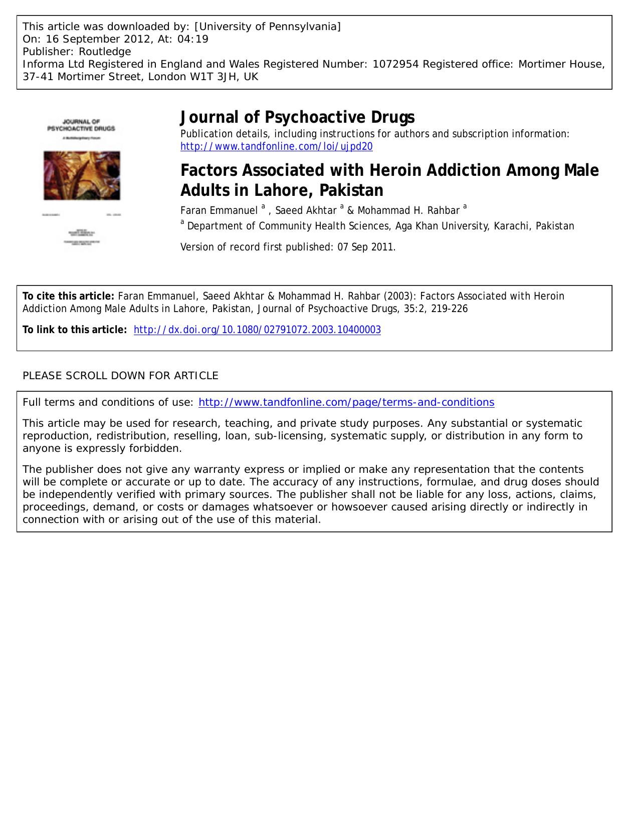 Factors Associated with Heroin Addiction Among Male Adults in Lahore, Pakistan by Faran Emmanuel a Saeed Akhtar a saeed.akhtar@aku.edu & Mohammad H. Rahbar a