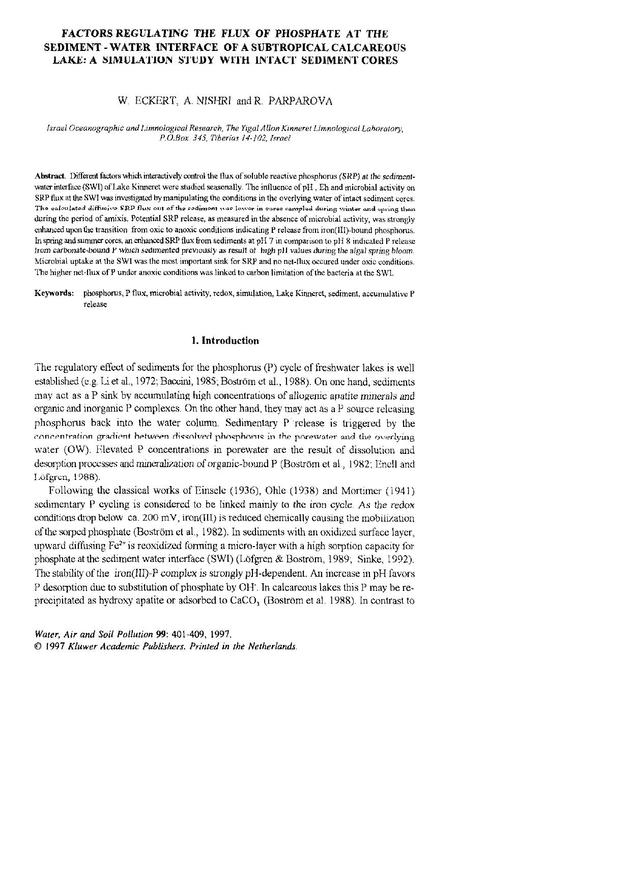 Factors Regulating the Flux of Phosphate at the Sediment - Water Interface of a Subtropical Calcareous Lake: a Simulation Study with Intact Sediment Cores by Unknown