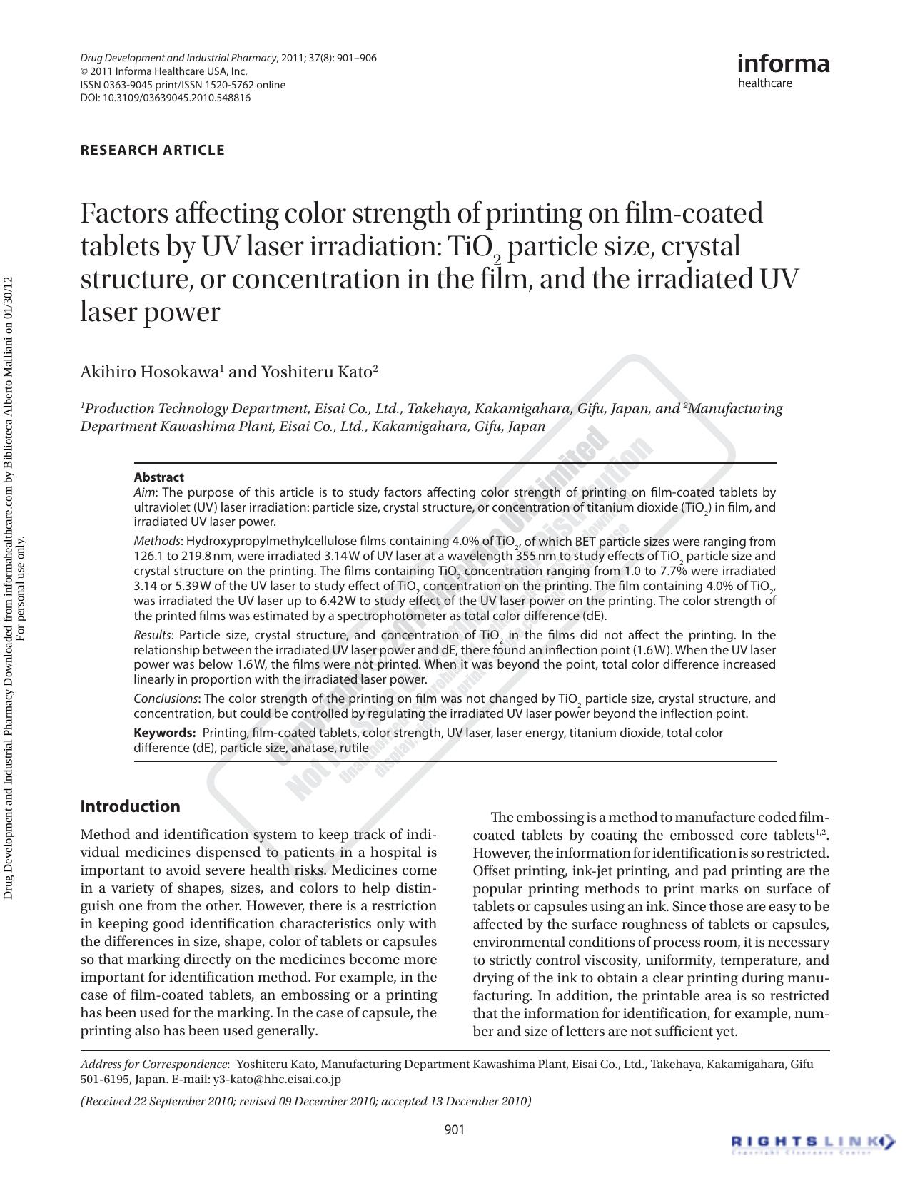 Factors affecting color strength of printing on film-coated tablets by UV laser irradiation: TiO2 particle size, crystal structure, or concentration in the film, and the irradiated UV laser power by Akihiro Hosokawa1 Yoshiteru Kato2y3-kato@hhc.eisai.co.jp