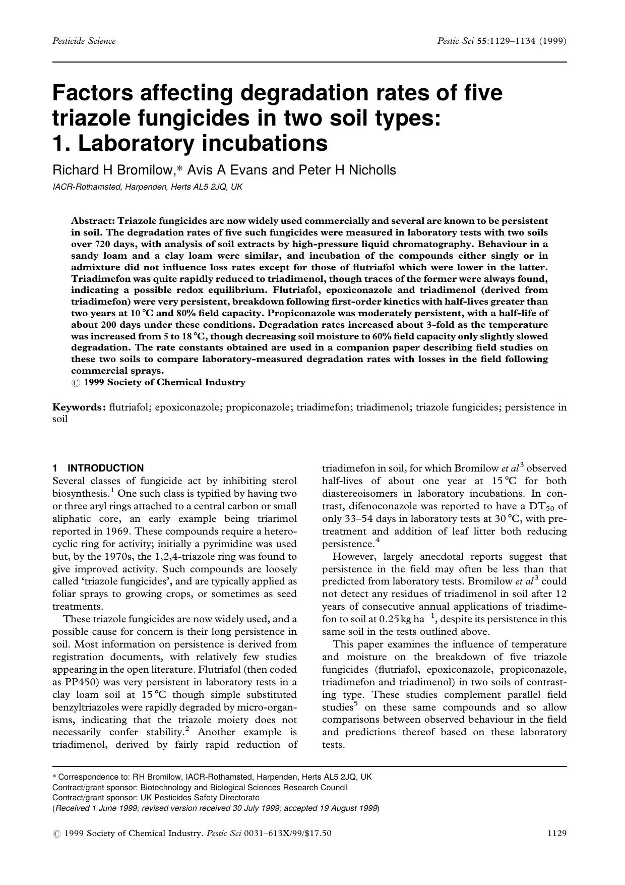 Factors affecting degradation rates of five triazole fungicides in two soil types: 1. Laboratory incubations by Unknown