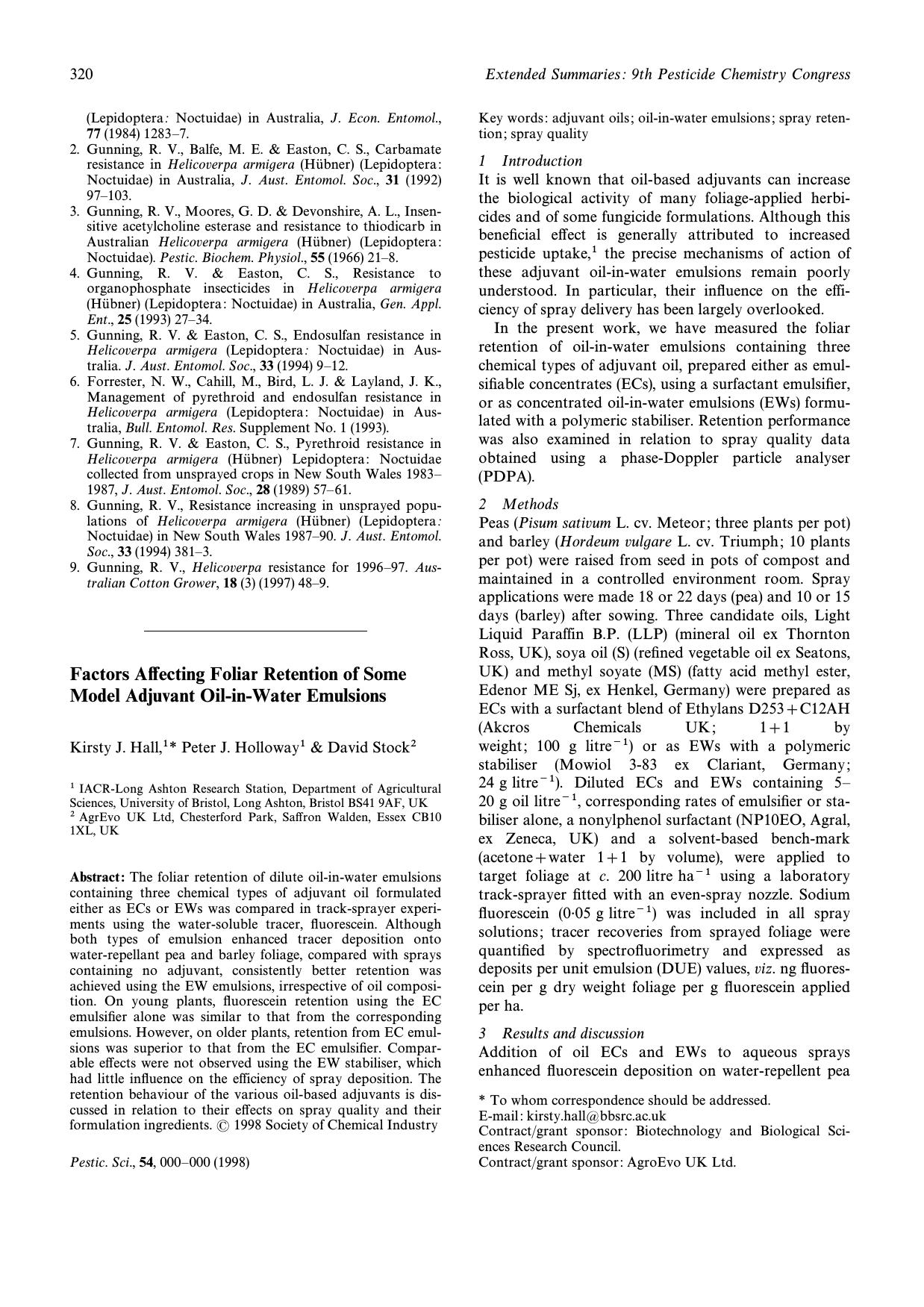 Factors affecting foliar retention of some model adjuvant oilinwater emulsions by Unknown