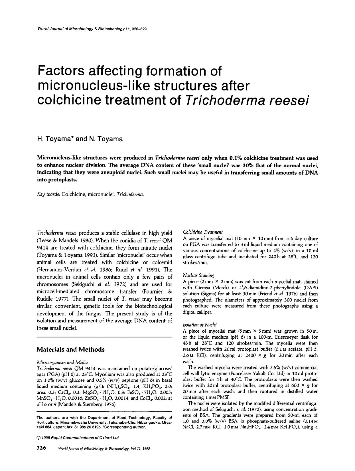 Factors affecting formation of micronucleus-like structures after colchicine treatment of <Emphasis Type="Italic">Trichoderma reesei<Emphasis> by Unknown