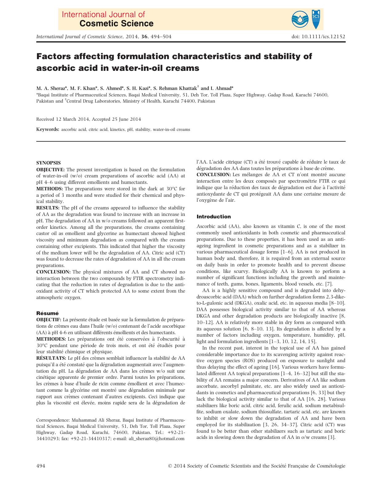 Factors affecting formulation characteristics and stability of ascorbic acid in waterinoil creams by Unknown