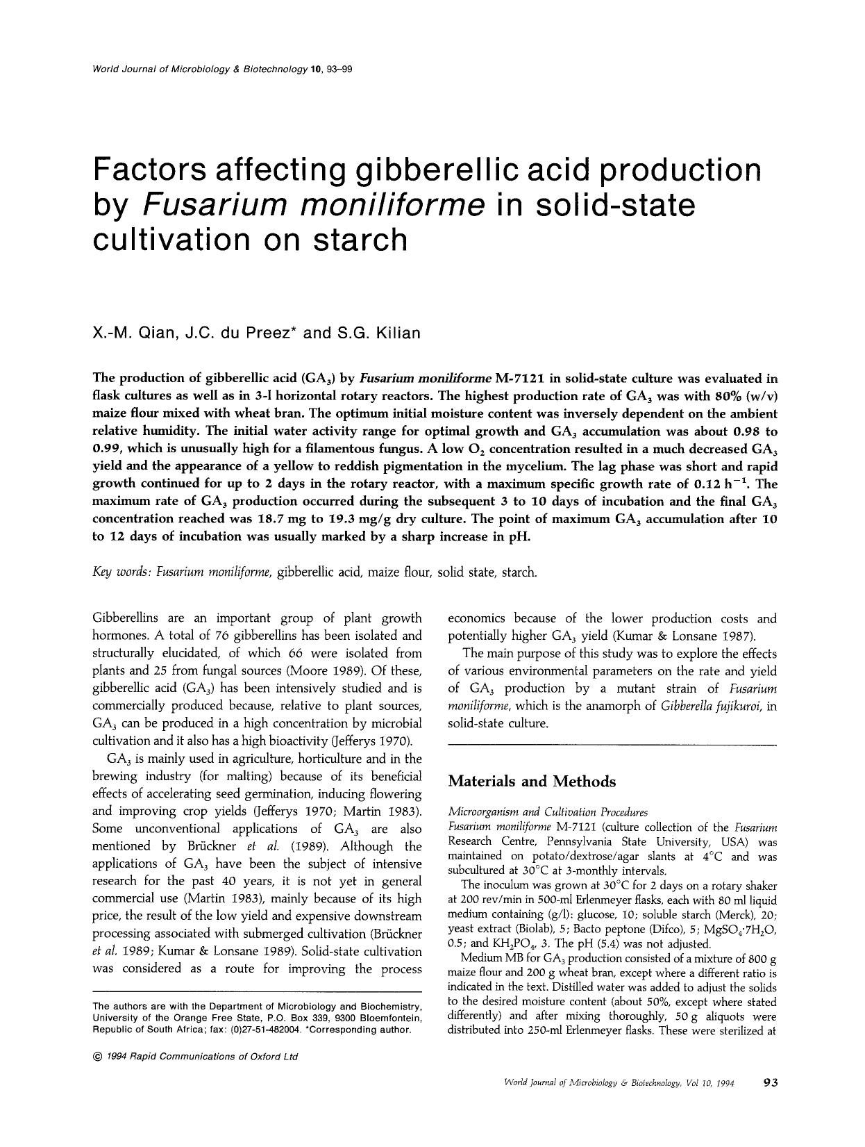 Factors affecting gibberellic acid production by <Emphasis Type="Italic">Fusarium moniliforme<Emphasis> in solid-state cultivation on starch by Unknown