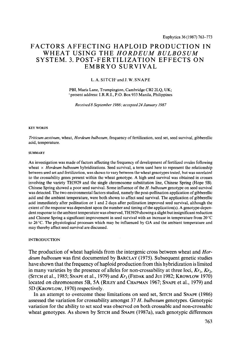 Factors affecting haploid production in wheat using the <Emphasis Type="Italic">Hordeum bulbosum<Emphasis> system. 3. Post-fertilization effects on embryo survival by Unknown