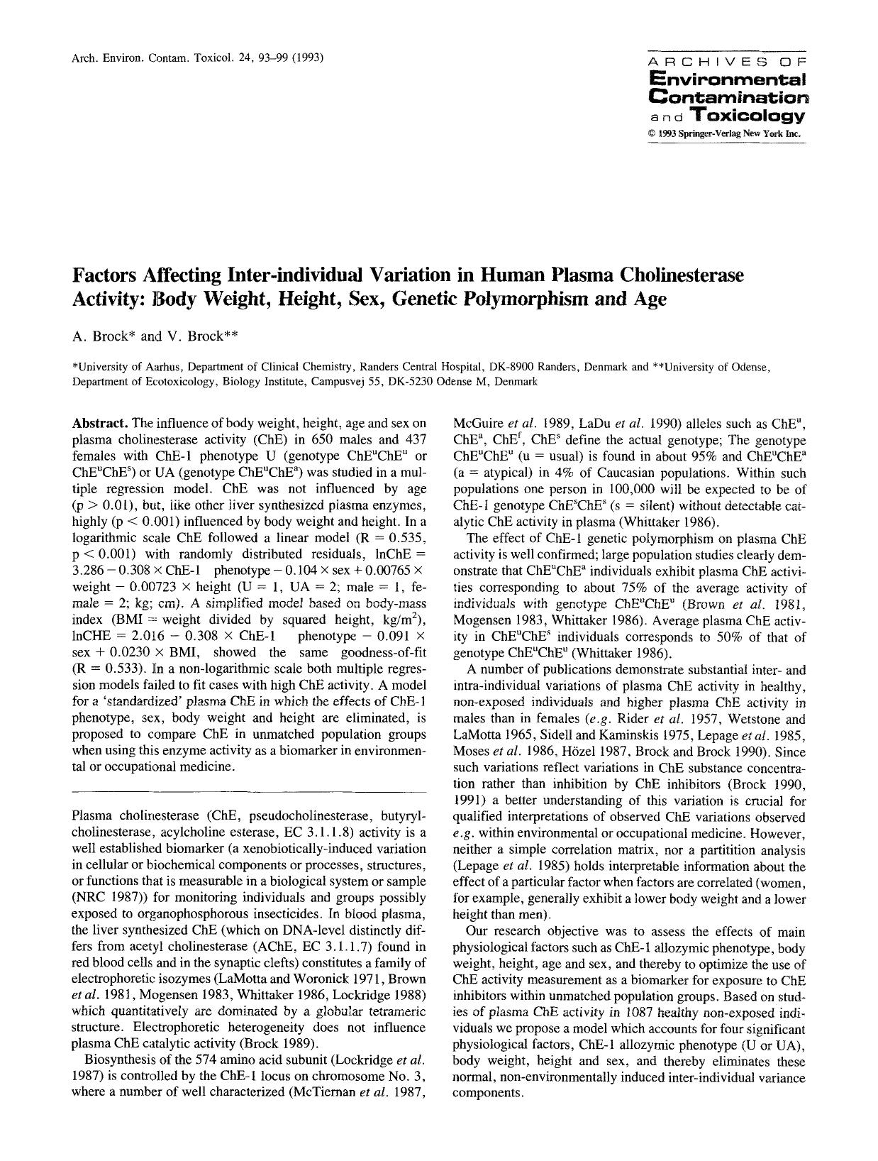 Factors affecting inter-individual variation in human plasma cholinesterase activity: Body weight, height, sex, genetic polymorphism and age by Unknown