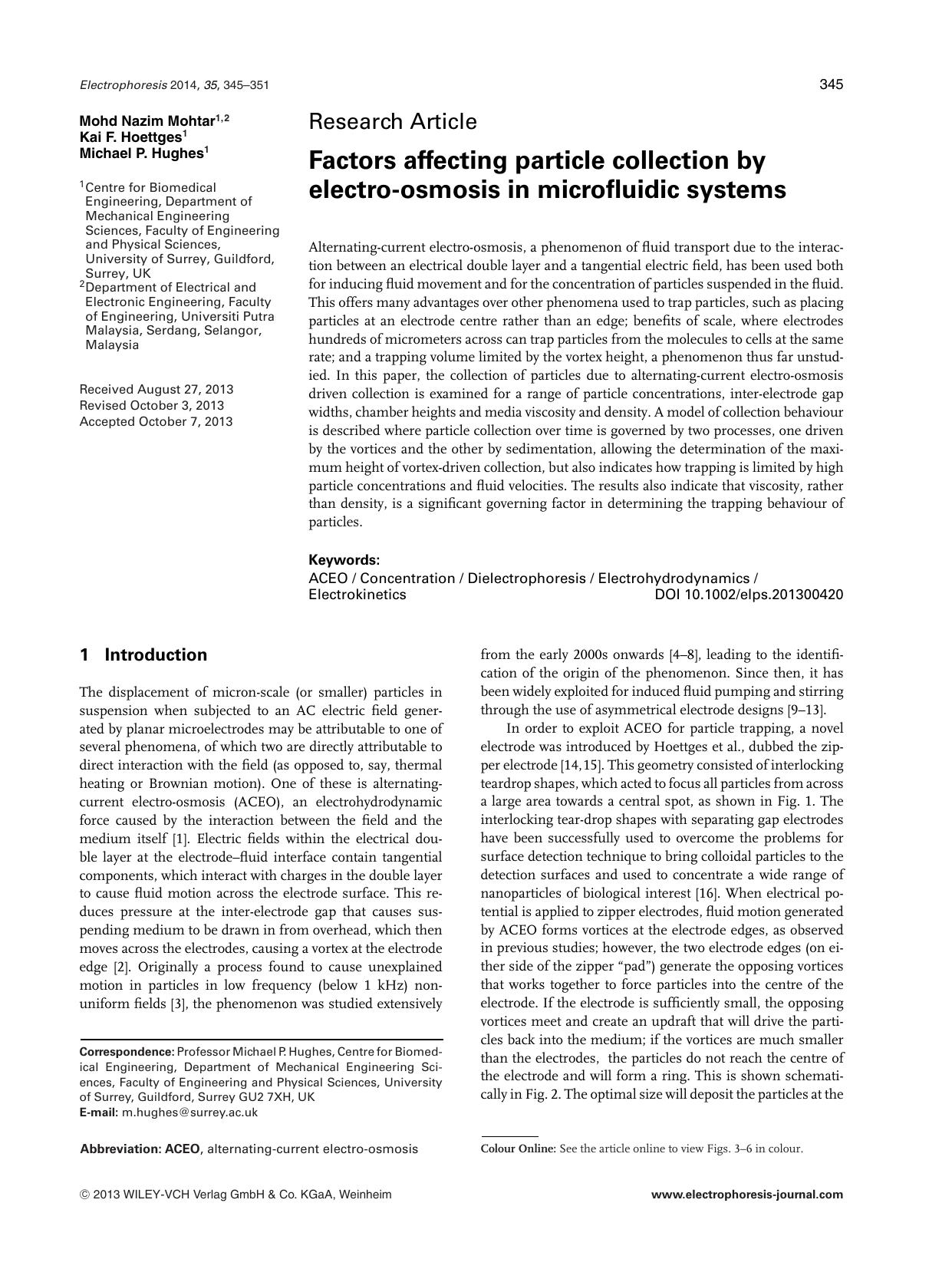 Factors affecting particle collection by electro&#x26;#x02010;osmosis in microfluidic systems by Unknown