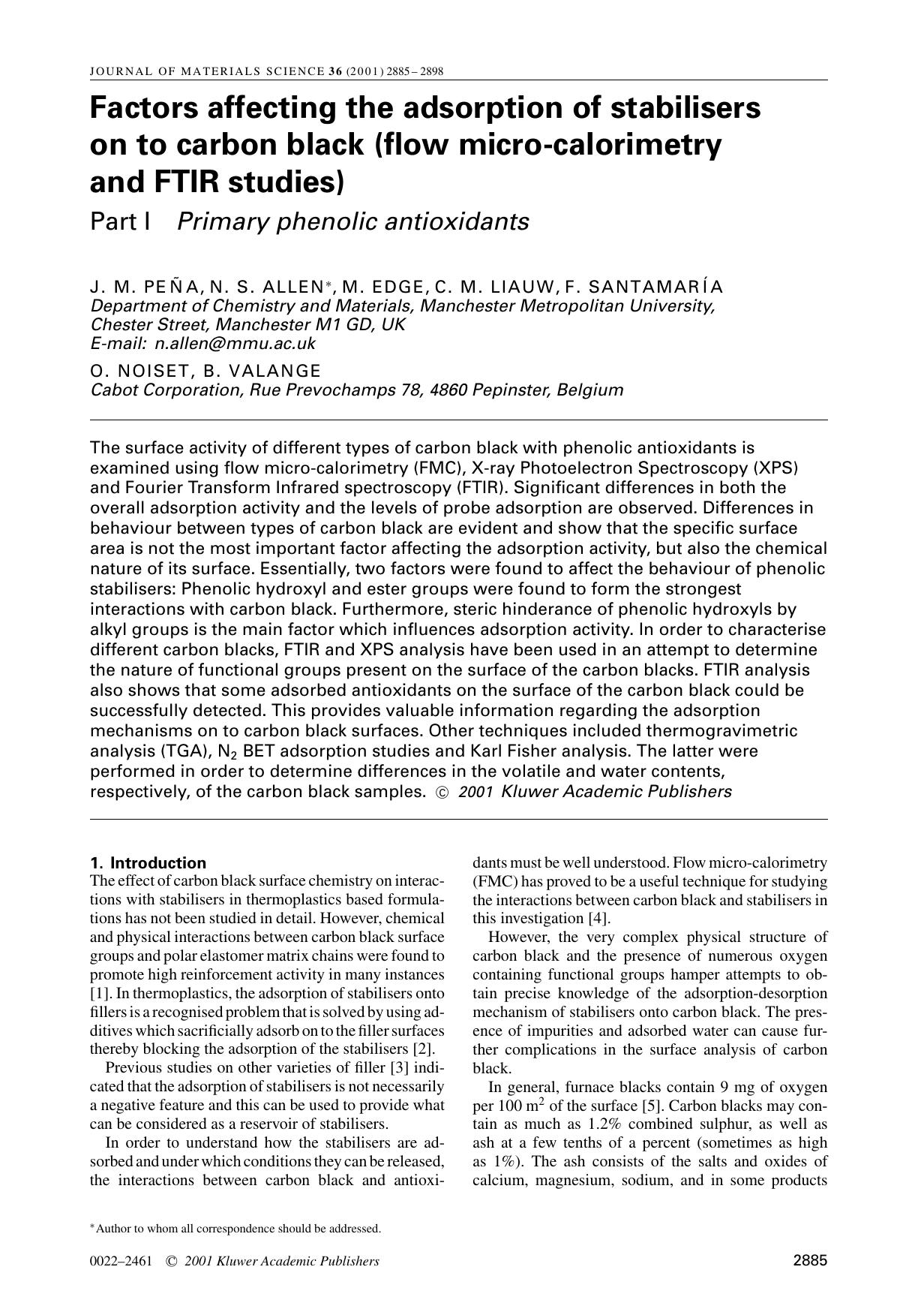 Factors affecting the adsorption of stabilisers on to carbon black (flow micro-calorimetry and FTIR studies) Part I Primary phenolic antioxidants by Unknown