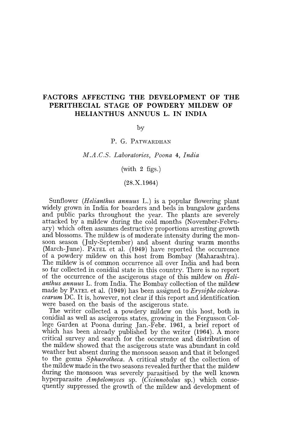 Factors affecting the development of the perithecial stage of powdery mildew of Helianthus annuus l. in India by Unknown