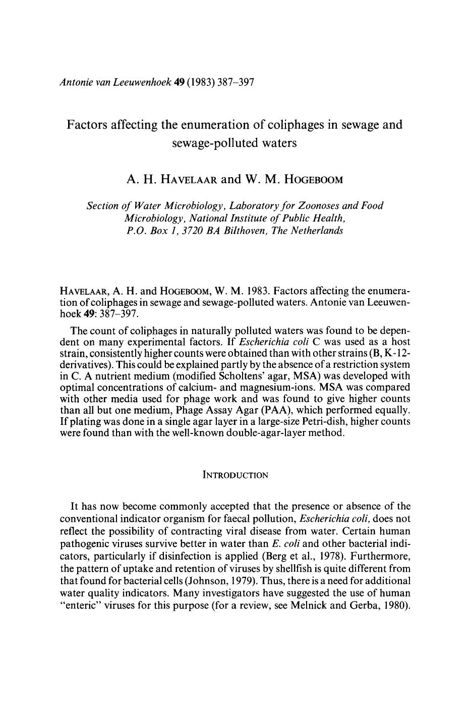 Factors affecting the enumeration of coliphages in sewage and sewage-polluted waters by Unknown