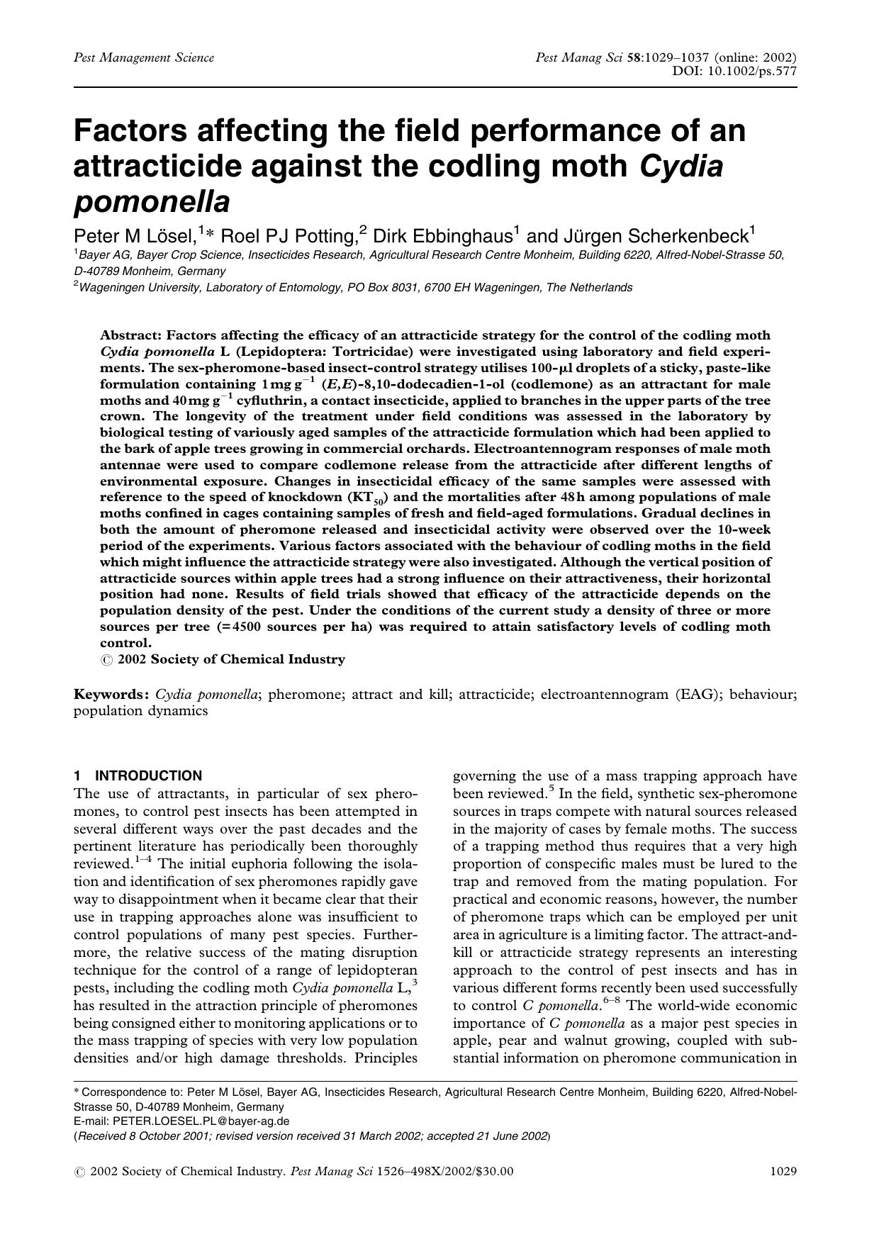 Factors affecting the field performance of an attracticide against the codling moth Cydia pomonella by Unknown
