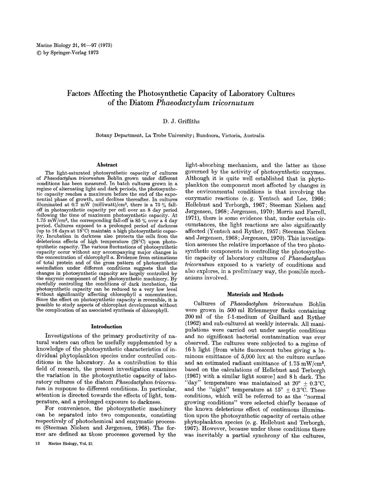 Factors affecting the photosynthetic capacity of laboratory cultures of the diatom <Emphasis Type="Italic">Phaeodactylum tricornutum<Emphasis> by Unknown