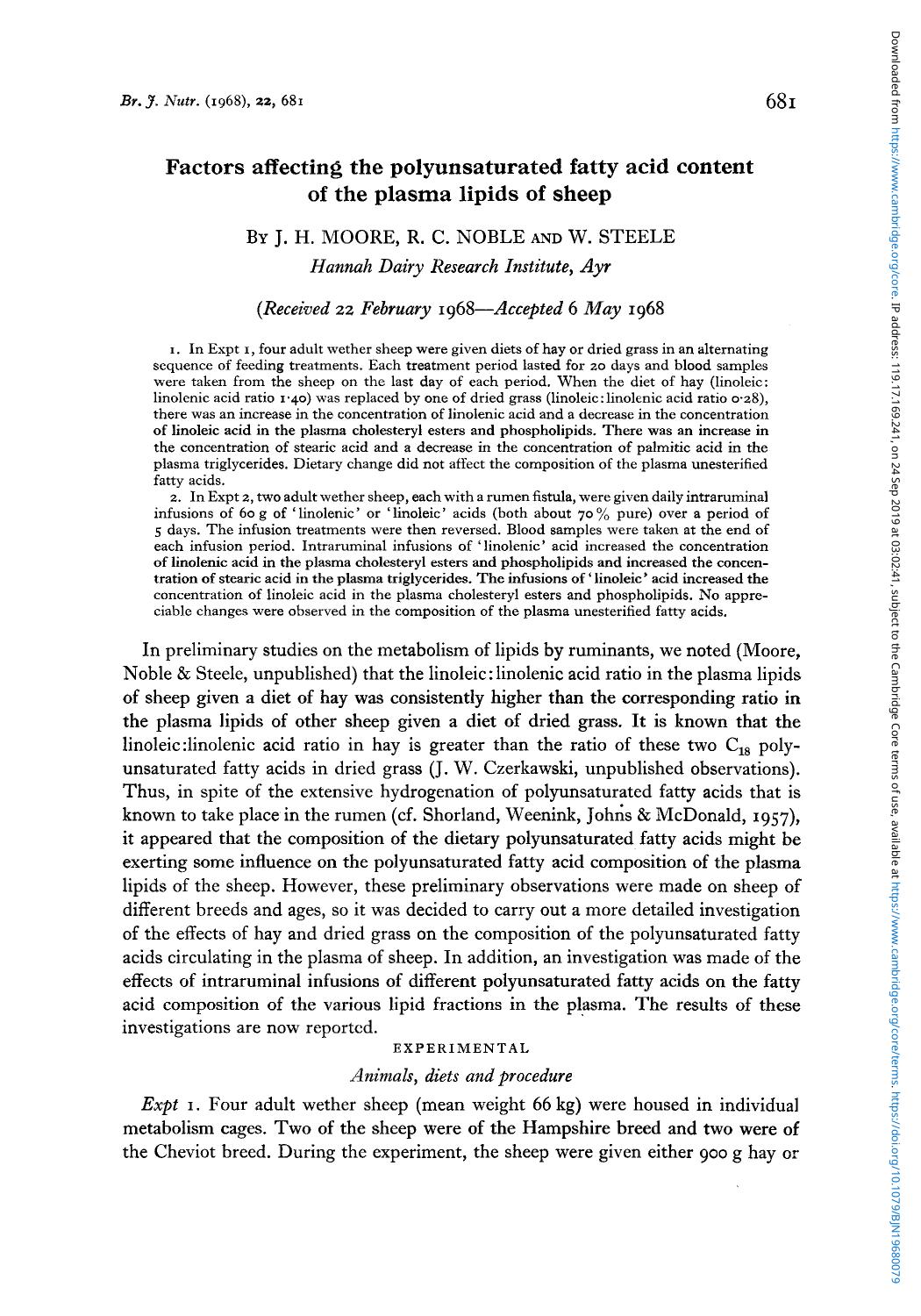 Factors affecting the polyunsaturated fatty acid content of the plasma lipids of sheep by J. H. Moore R. C. Noble & W. Steele