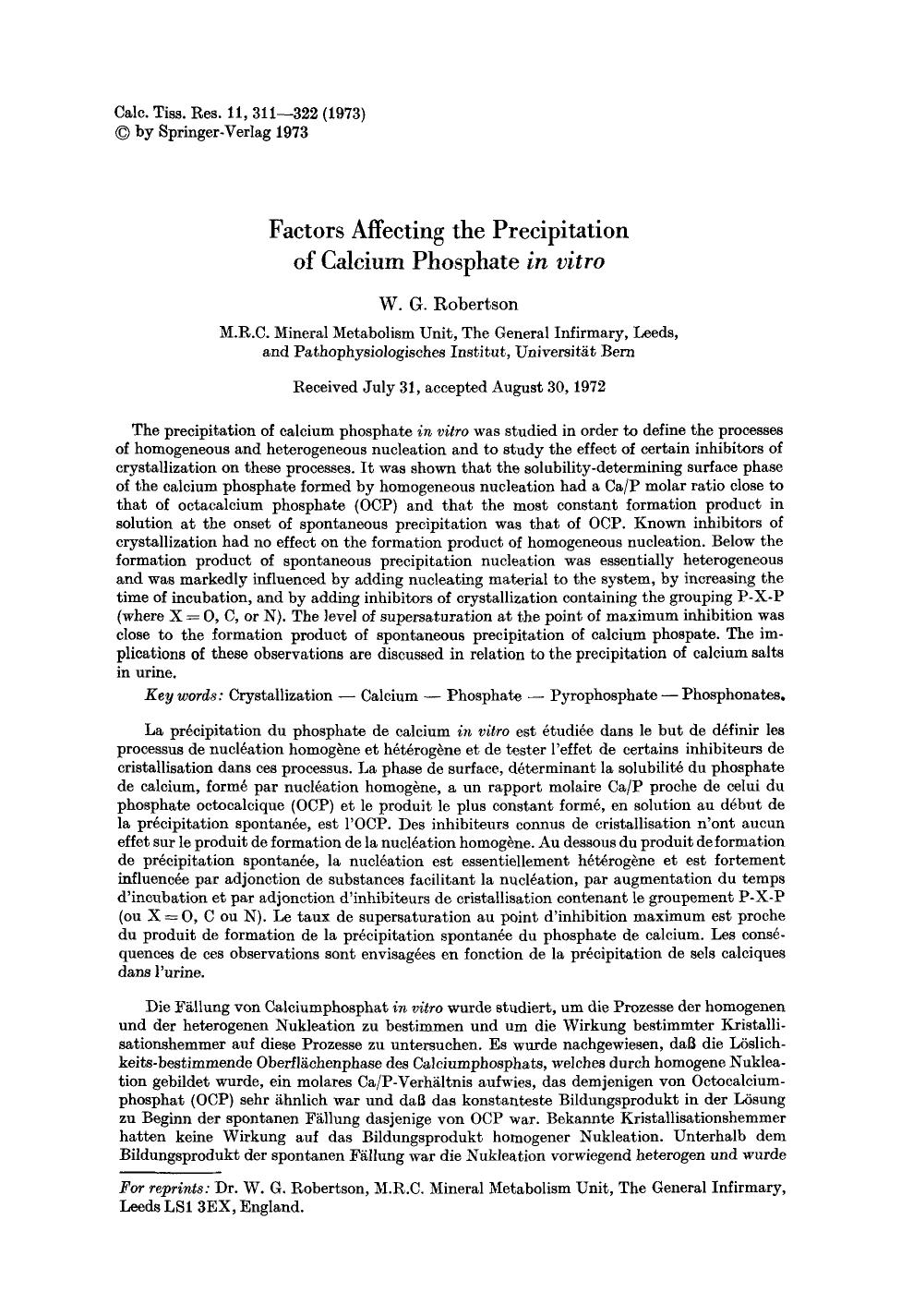 Factors affecting the precipitation of calcium phosphate <Emphasis Type="Italic">in vitro <Emphasis> by Unknown