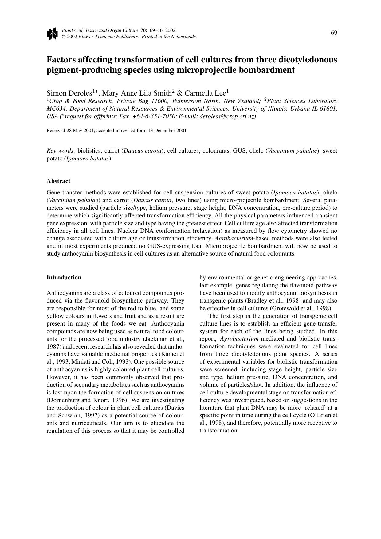 Factors affecting transformation of cell cultures from three dicotyledonous pigment-producing species using microprojectile bombardment by Unknown