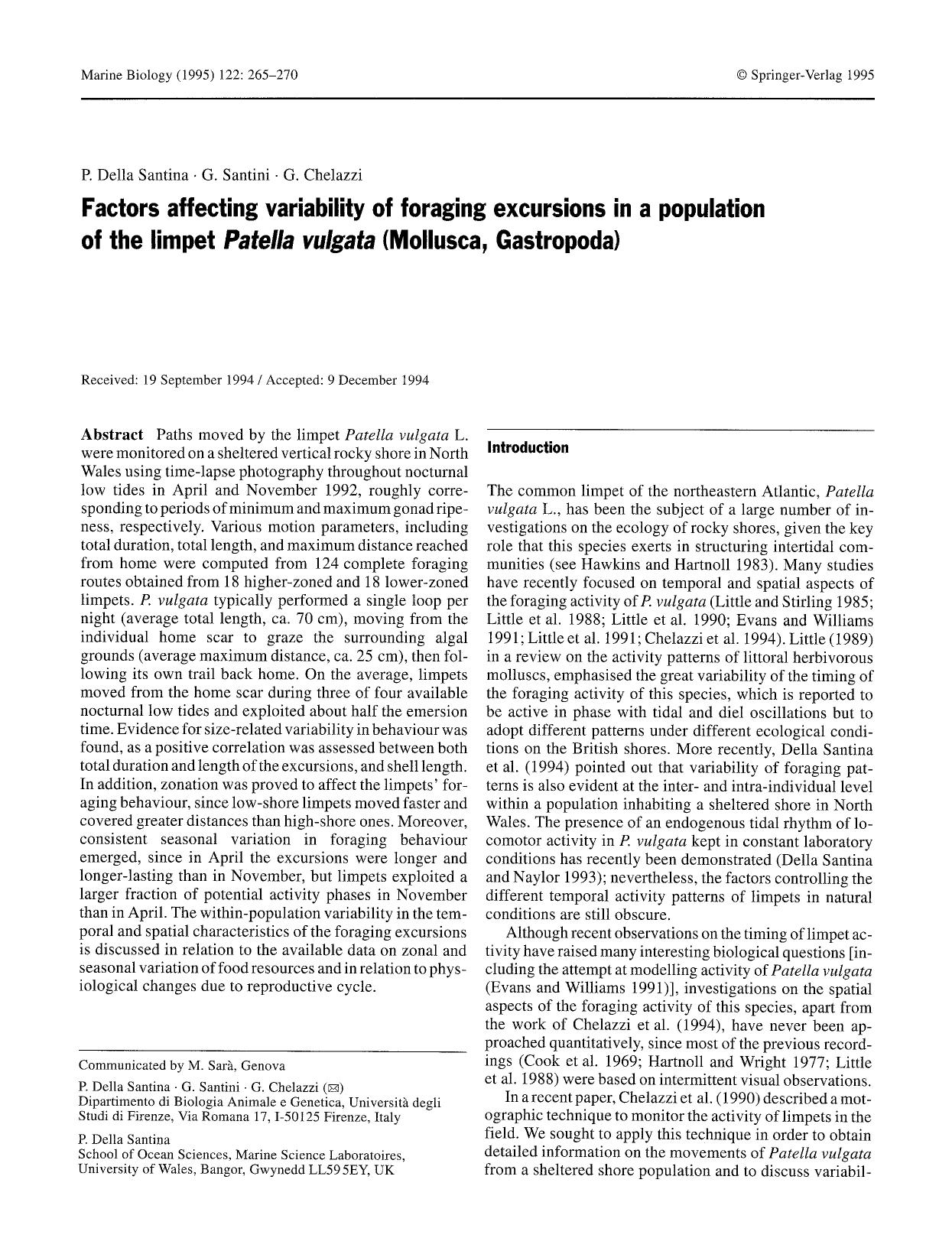 Factors affecting variability of foraging excursions in a population of the limpet <Emphasis Type="Italic">Patella vulgata<Emphasis> (Mollusca, Gastropoda) by Unknown