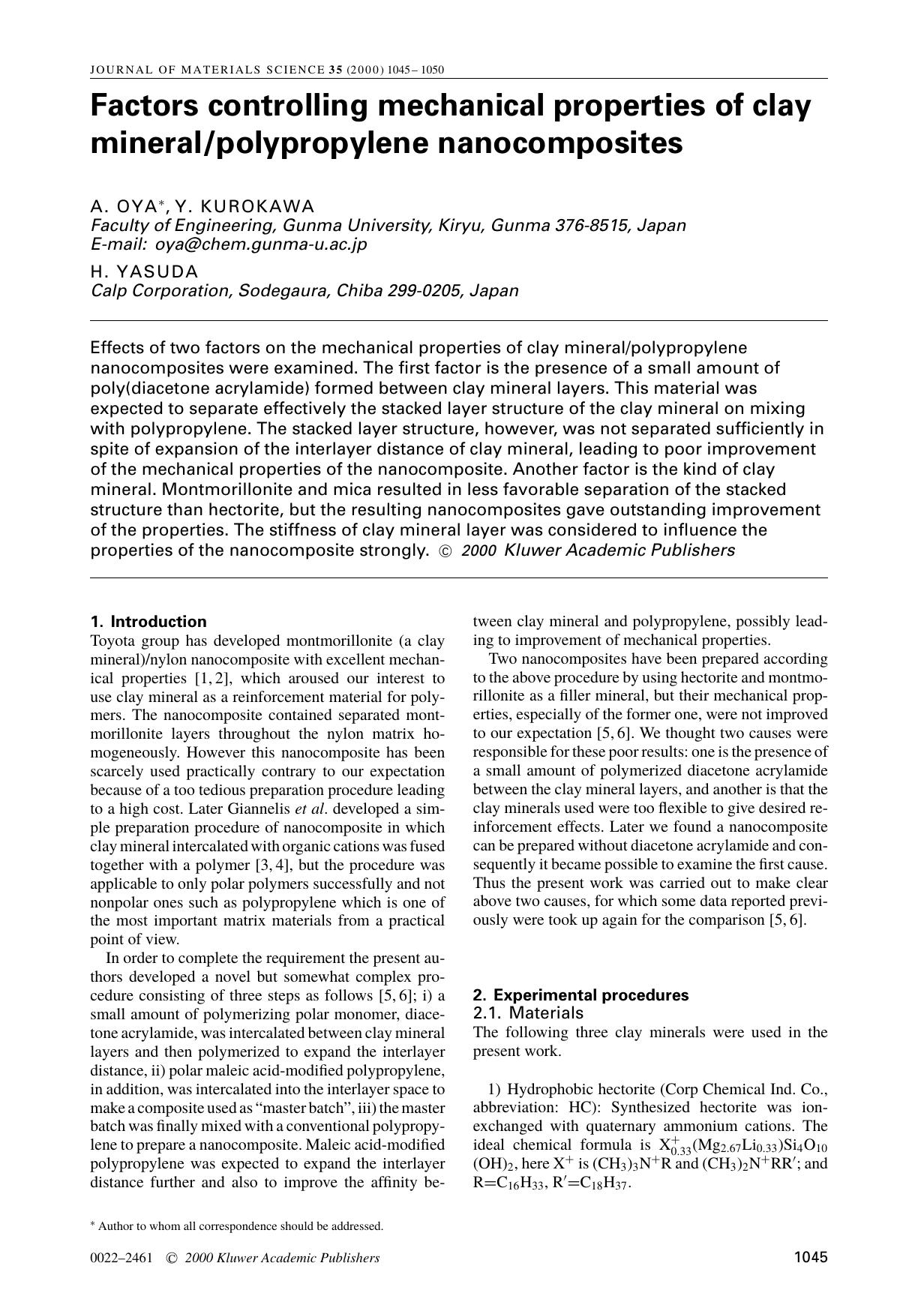 Factors controlling mechanical properties of clay mineralpolypropylene nanocomposites by Unknown