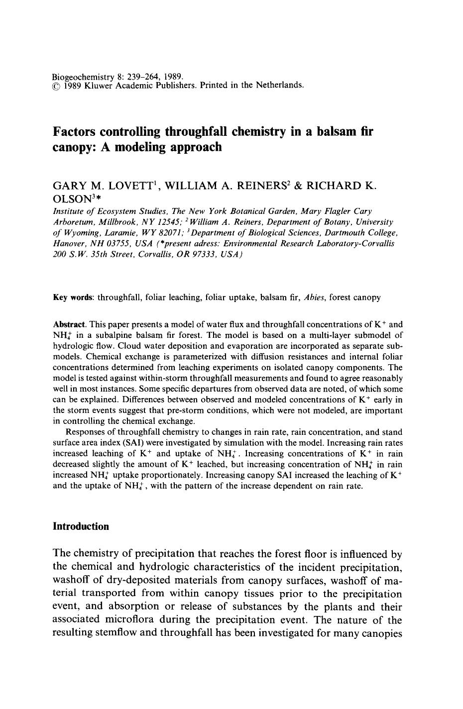 Factors controlling throughfall chemistry in a balsam fir canopy: A modeling approach by Unknown