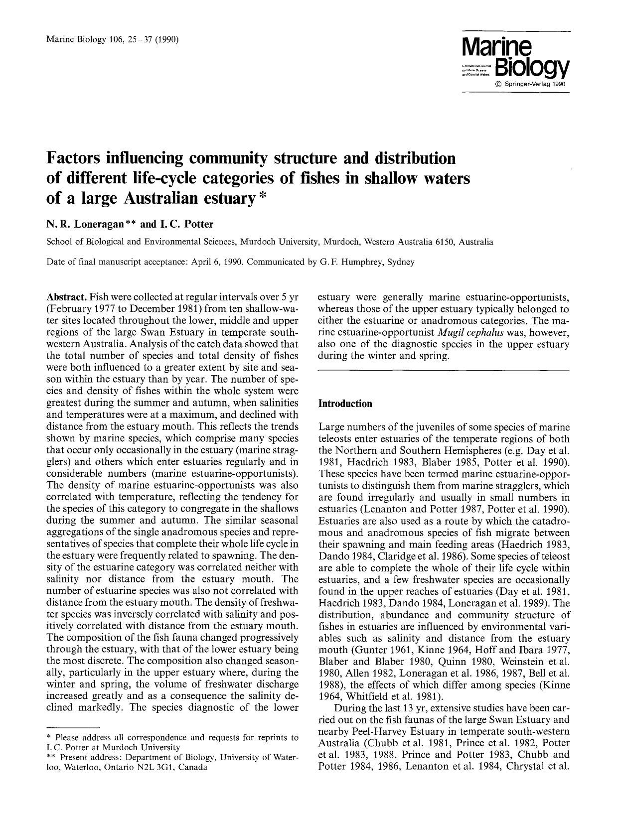Factors influencing community structure and distribution of different life-cycle categories of fishes in shallow waters of a large Australian estuary by Unknown