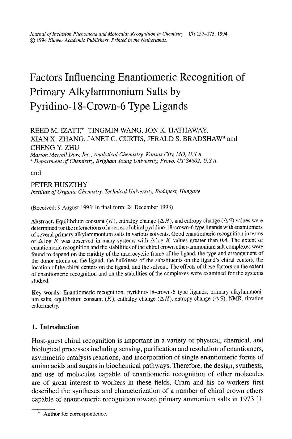 Factors influencing enantiomeric recognition of primary alkylammonium salts by pyridino-18-crown-6 type ligands by Unknown