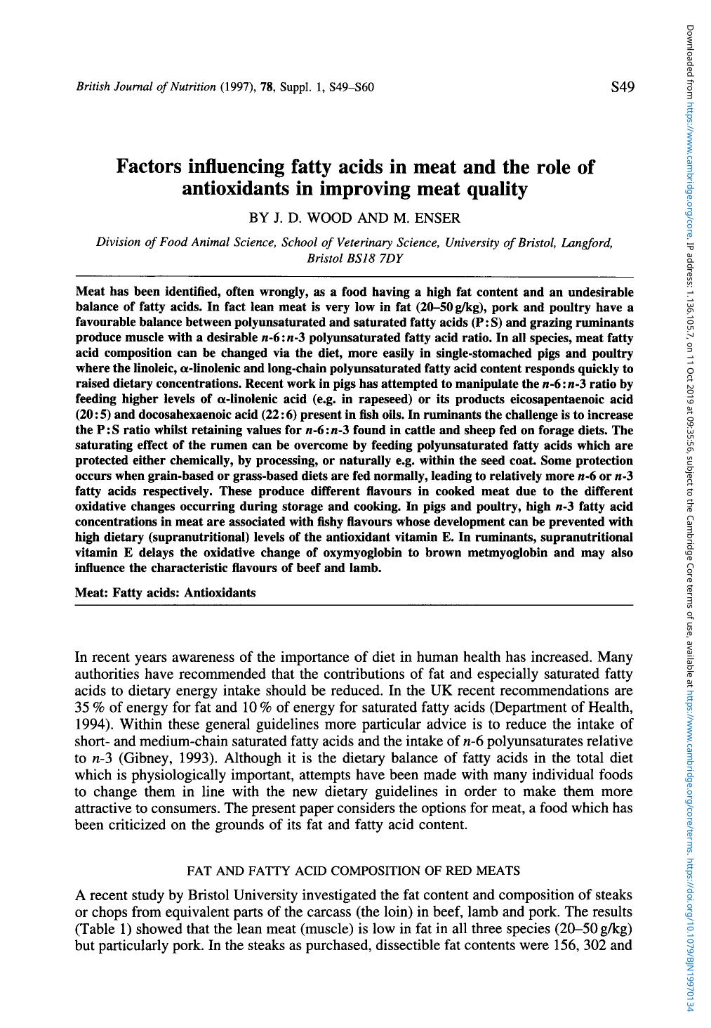 Factors influencing fatty acids in meat and the role of antioxidants in improving meat quality by J. D. Wood & M. Enser