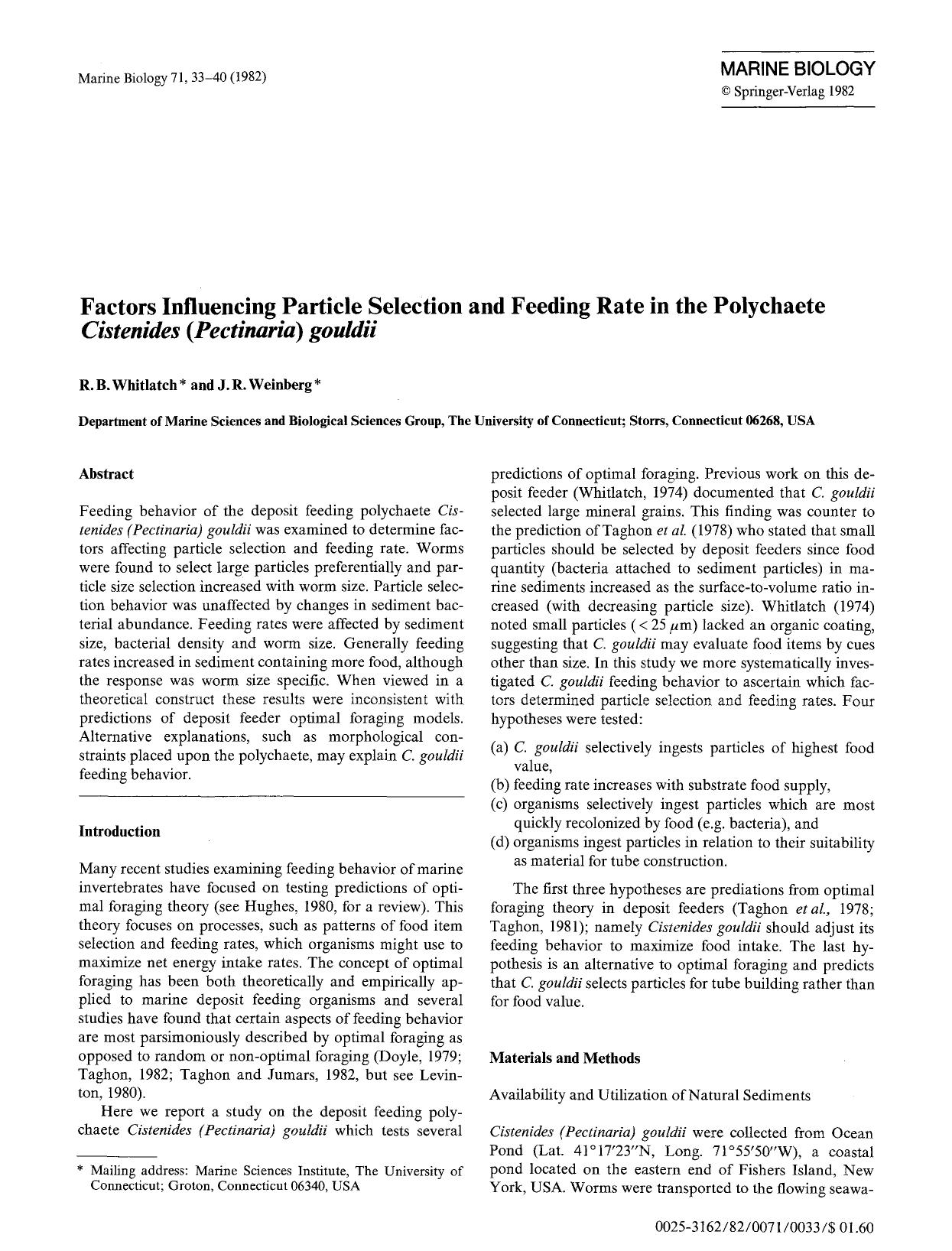 Factors influencing particle selection and feeding rate in the polychaete <Emphasis Type="Italic">Cistenides (Pectinaria) gouldii<Emphasis> by Unknown