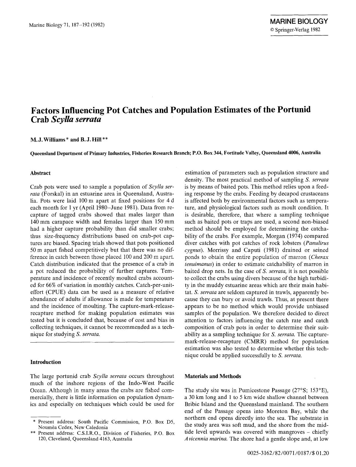 Factors influencing pot catches and population estimates of the portunid crab <Emphasis Type="Italic">Scylla serrata<Emphasis> by Unknown