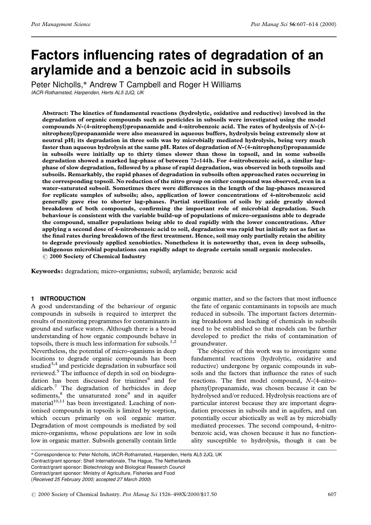 Factors influencing rates of degradation of an arylamide and a benzoic acid in subsoils by Unknown