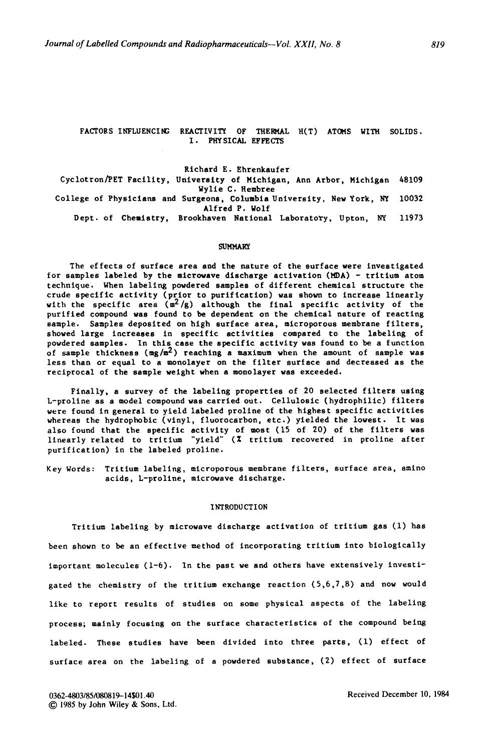 Factors influencing reactivity of thermal H(T) atoms with solids. I. Physical effects by Unknown