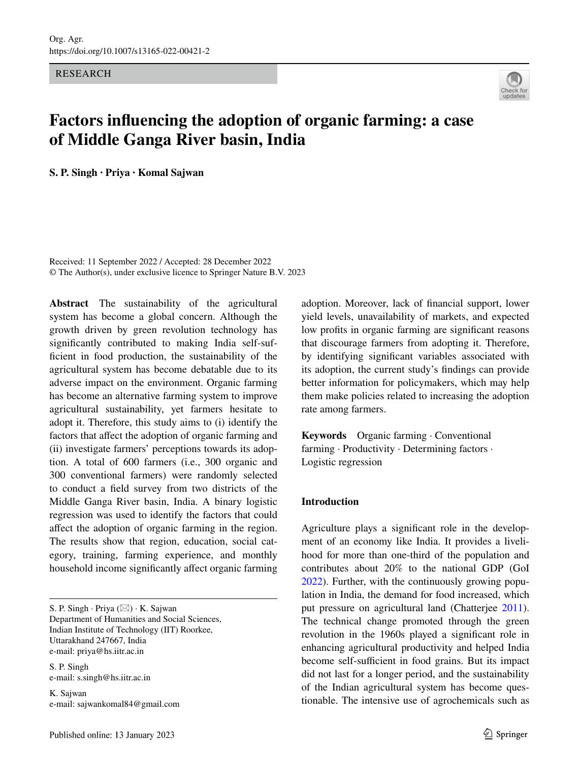 Factors influencing the adoption of organic farming: a case of Middle Ganga River basin, India by S. P. Singh Priya Komal Sajwan