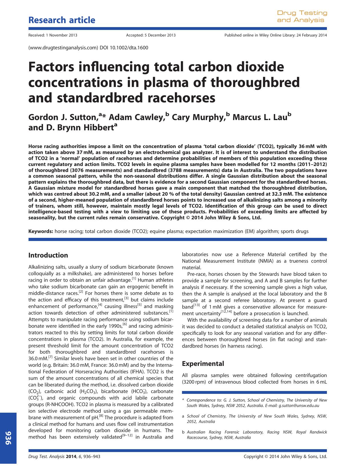 Factors influencing total carbon dioxide concentrations in plasma of thoroughbred and standardbred racehorses by Gordon J. Sutton & Adam Cawley & Cary Murphy & Marcus L. Lau & D. Brynn Hibbert