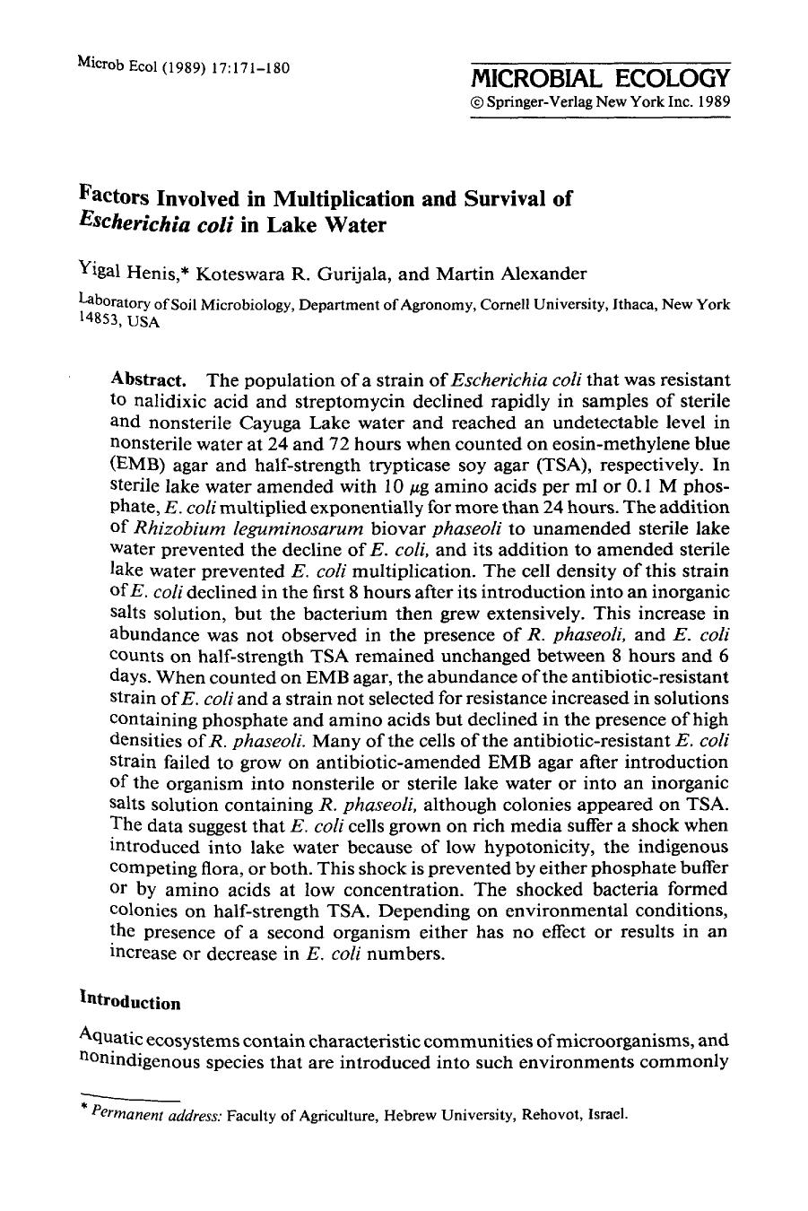 Factors involved in multiplication and survival of <Emphasis Type="Italic">Escherichia coli <Emphasis> in lake water by Unknown