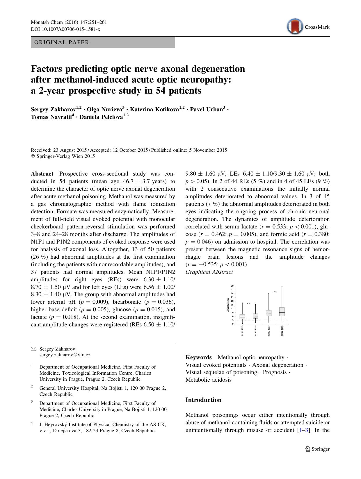 Factors predicting optic nerve axonal degeneration after methanol-induced acute optic neuropathy: a 2-year prospective study in 54 patients by Sergey Zakharov & Olga Nurieva & Katerina Kotikova & Pavel Urban & Tomas Navratil & Daniela Pelclova