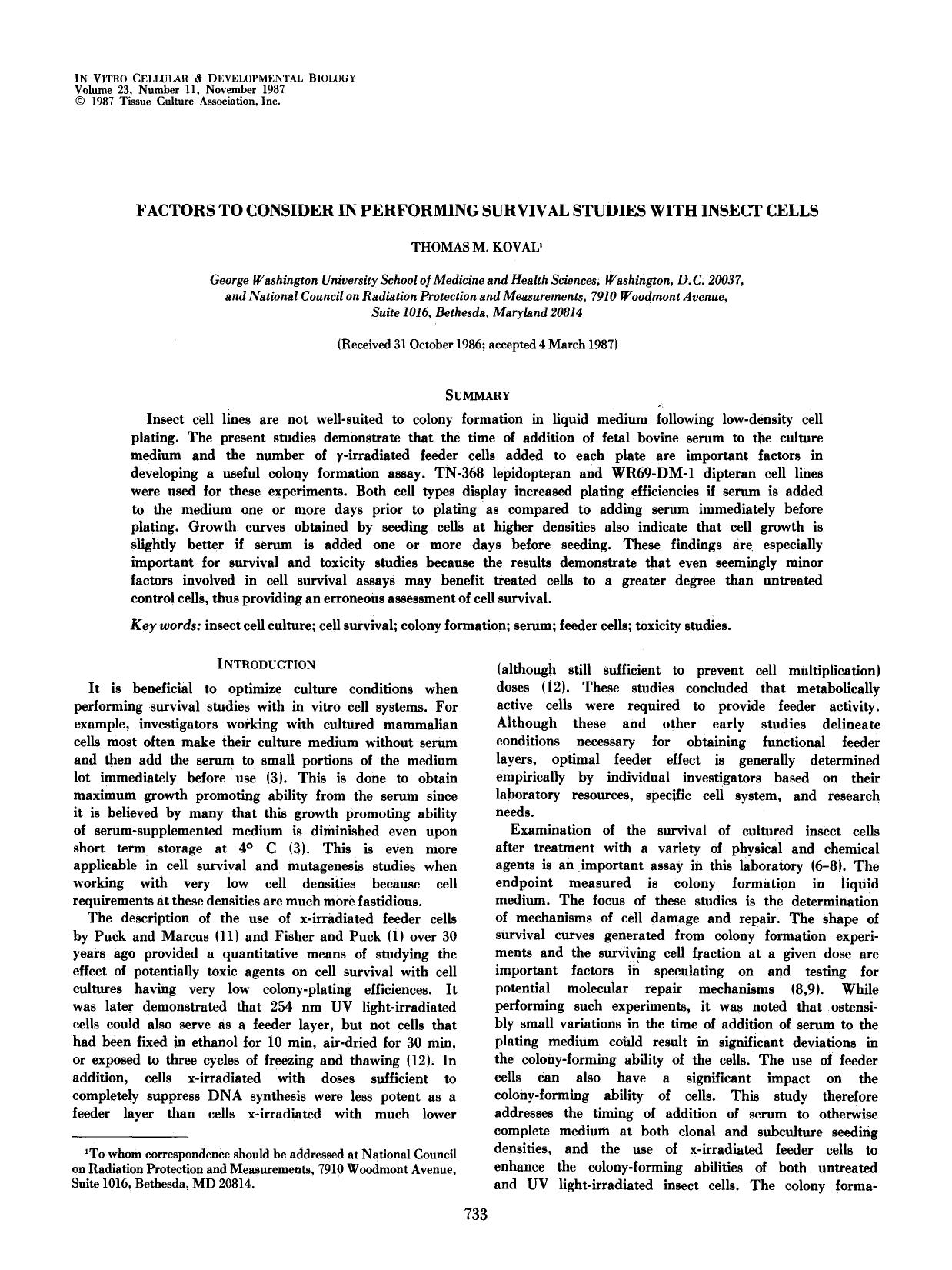 Factors to consider in performing survival studies with insect cells by Unknown