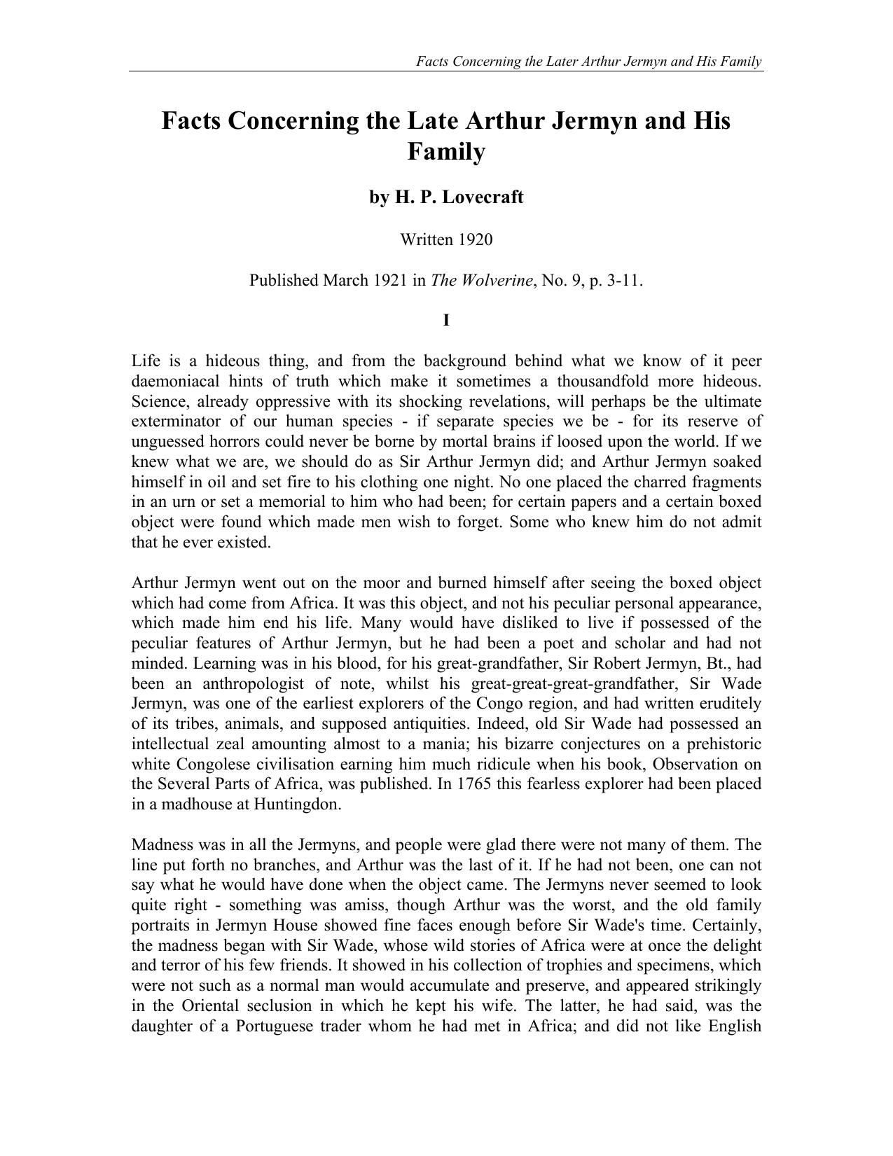 Facts Concerning the Late Arthur Jermyn and His Family by H. P. Lovecraft