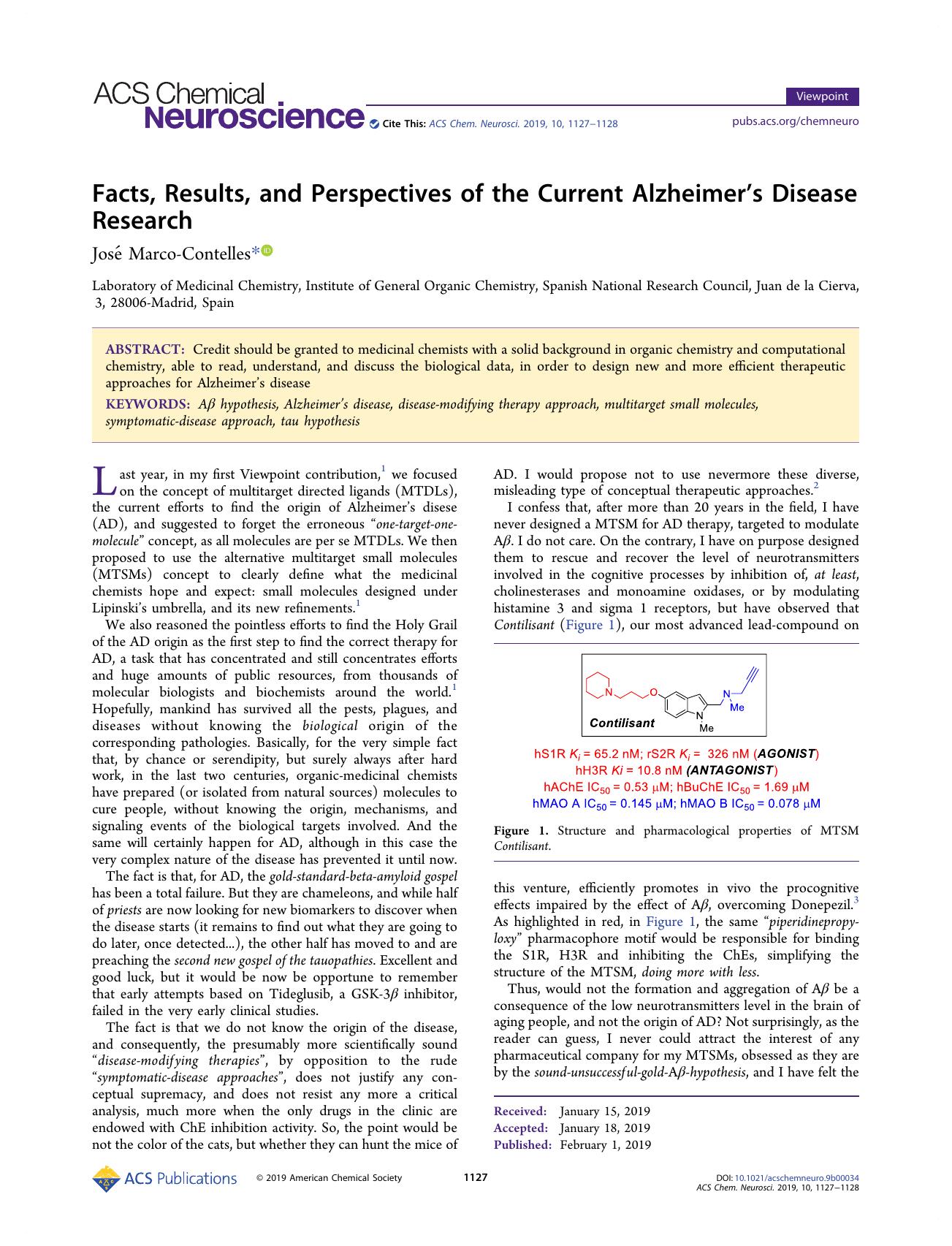 Facts, Results, and Perspectives of the Current Alzheimerâs Disease Research by José Marco-Contelles